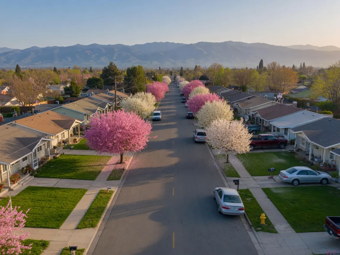 A quiet Merced County residential street in late spring with blossoming plum and cherry trees lining the sidewalk, single-story ranch homes with neat lawns, and the Sierra Nevada foothills on the horizon
