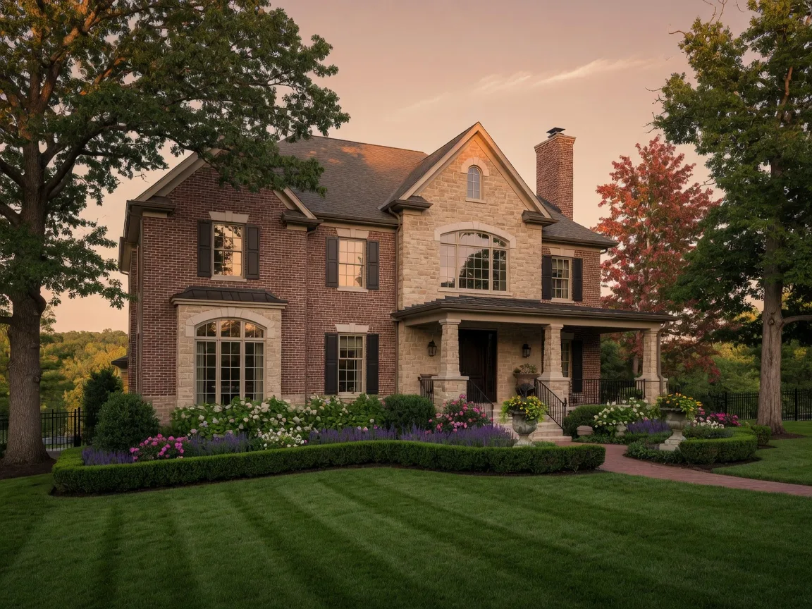 An elegant upscale estate home in Parkville, Missouri with stone and brick architecture and manicured landscaping
