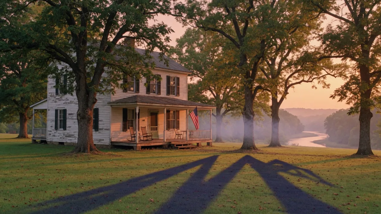 Historic white clapboard farmhouse at golden hour with wooden porch, mature pecan trees, and a misty river valley visible through the trees