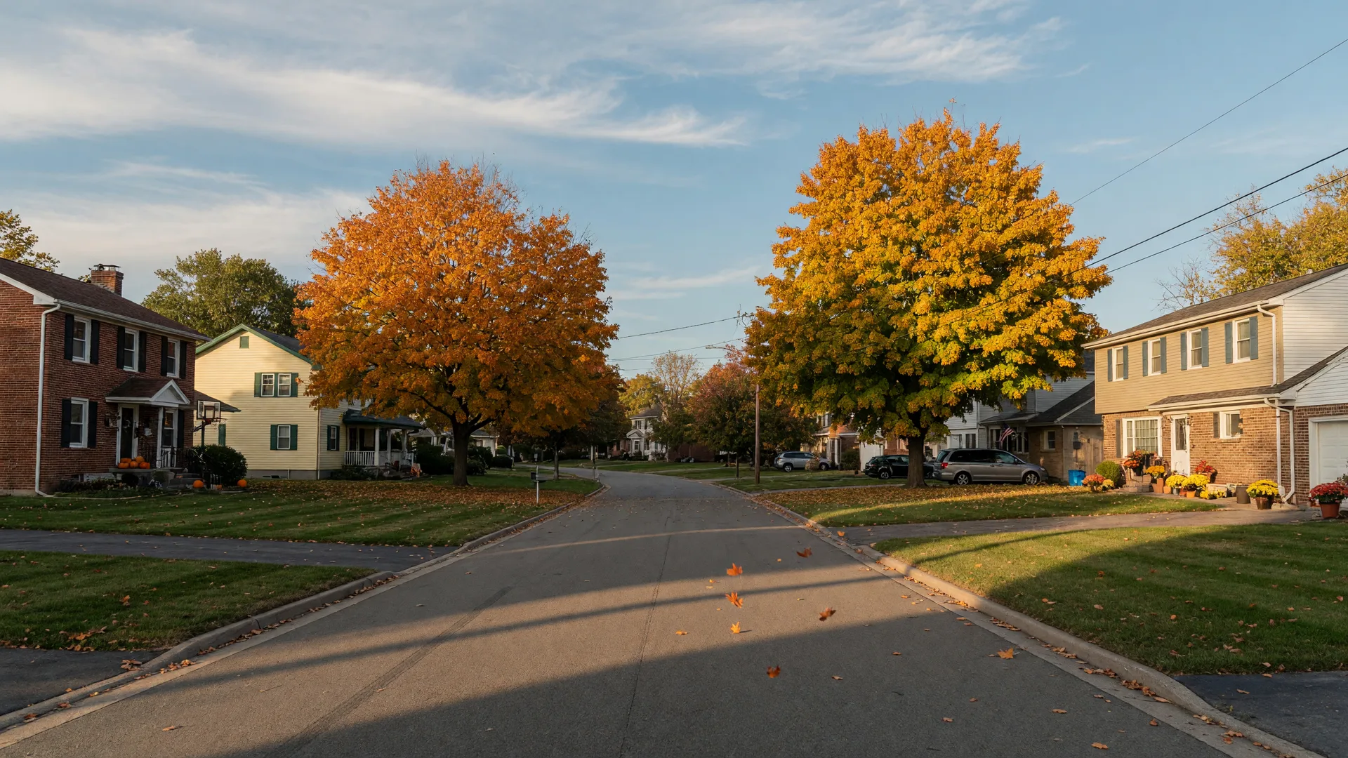 Tidy single-family homes on a tree-lined Grand Blanc area street as maples turn gold and orange in early October