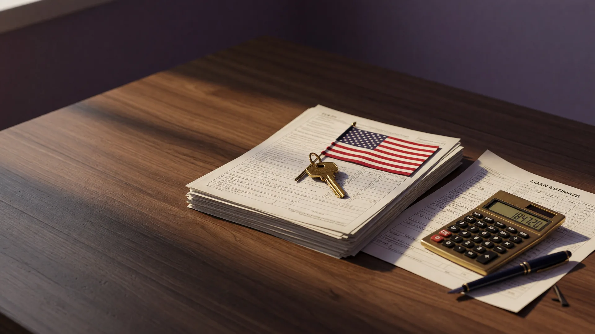 A mortgage closing folder, brass house key, small American flag, and calculator on a dark wooden desk in a North Texas home-buying costs scene
