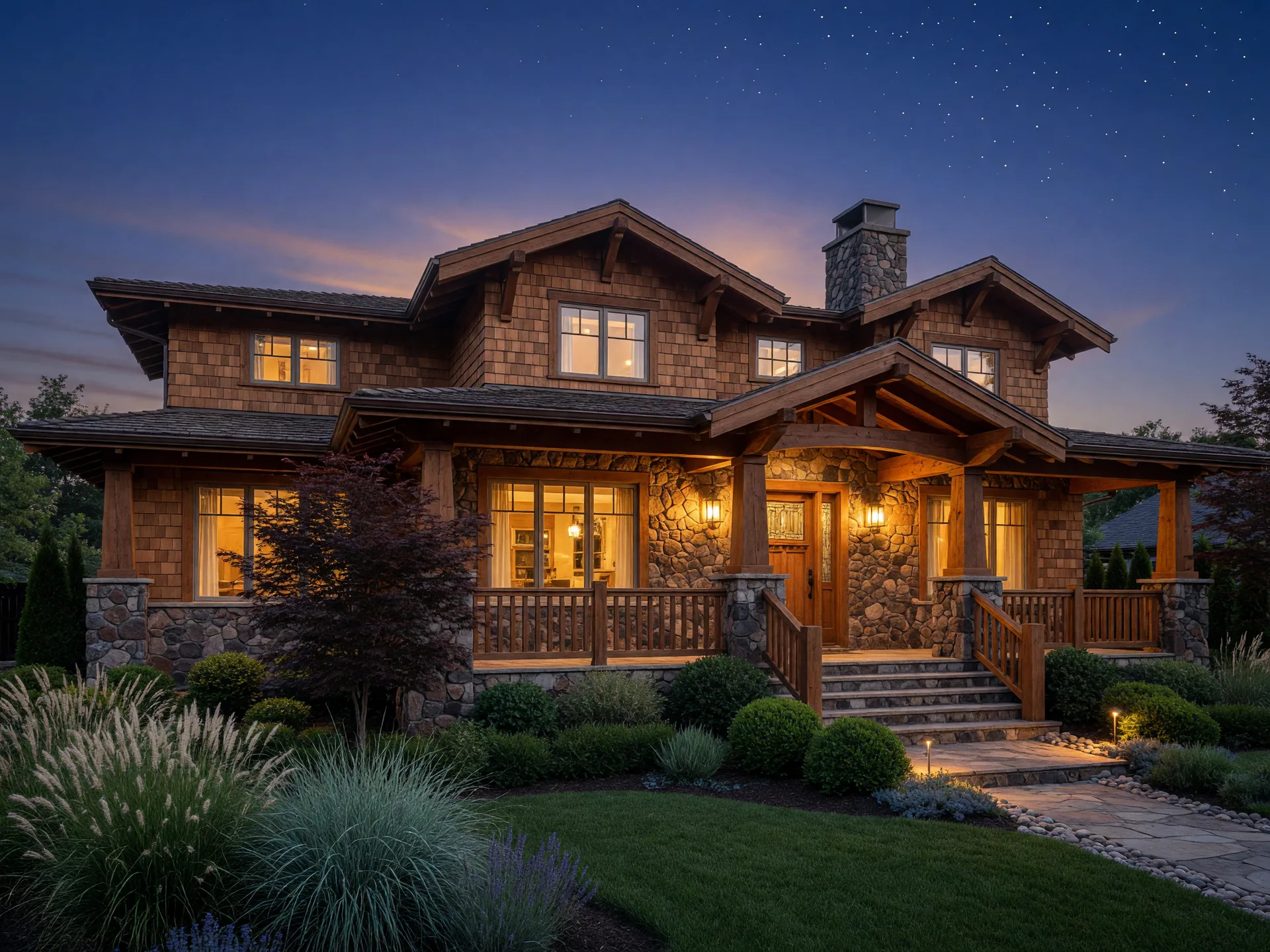 An elegant craftsman-style home at dusk with warm windows glowing