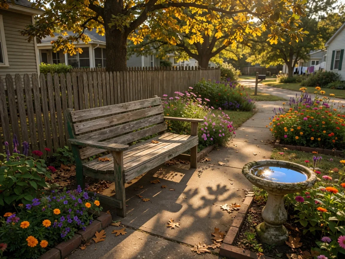 A wooden bench on a sunlit garden path in a residential community, an invitation to sit and meet a neighbor