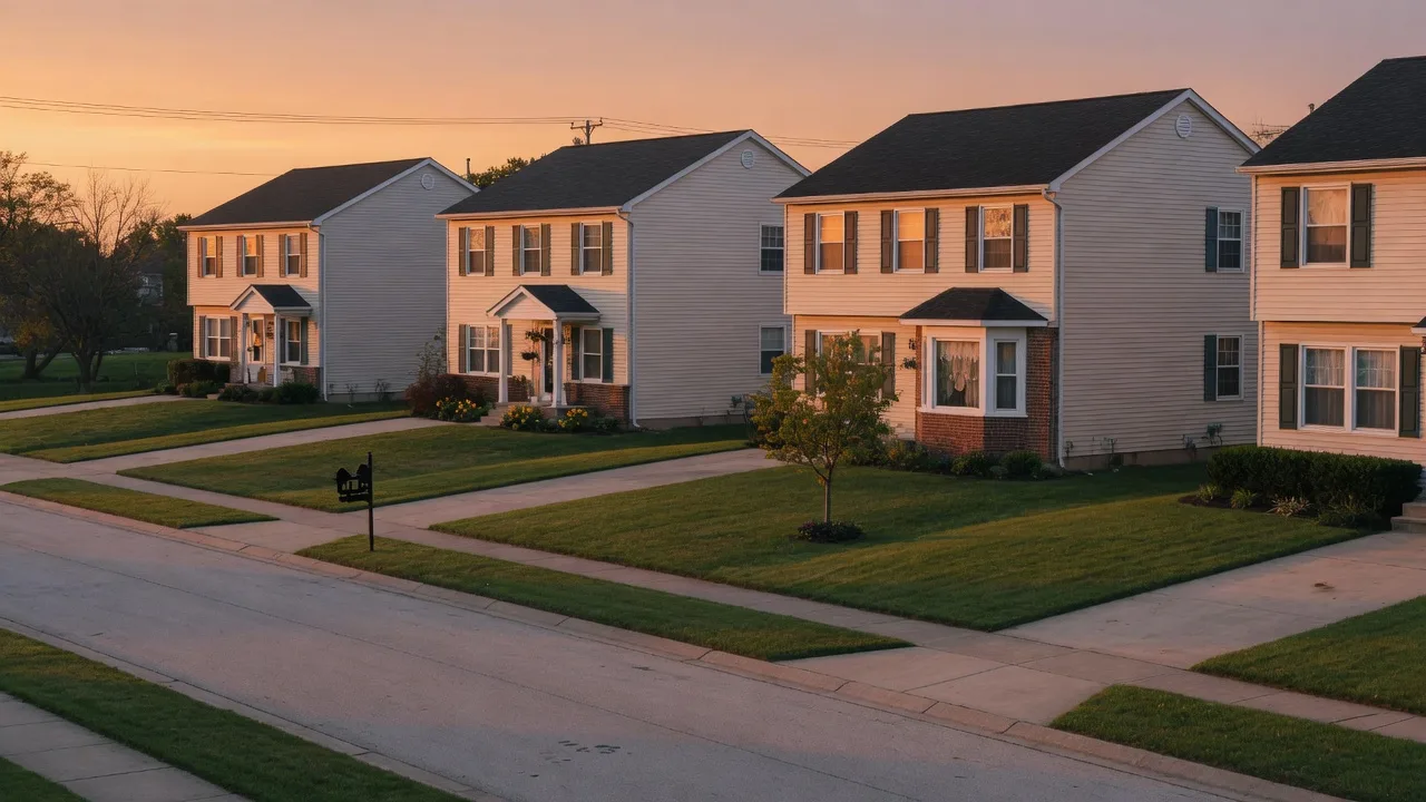 Quiet suburban street at golden hour with four similar single-family homes in a gentle row