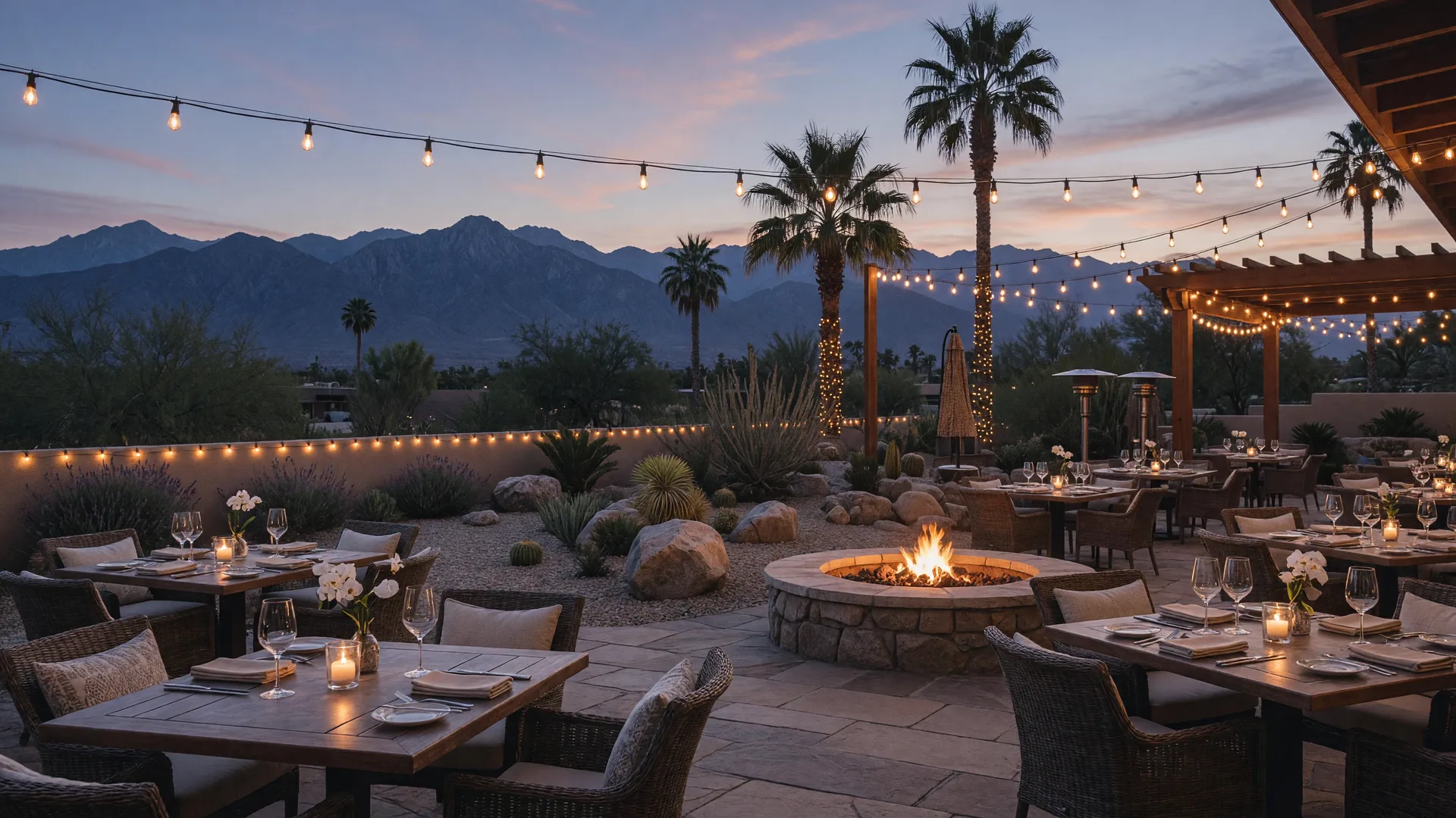 Upscale restaurant patio at dusk with mountain silhouettes