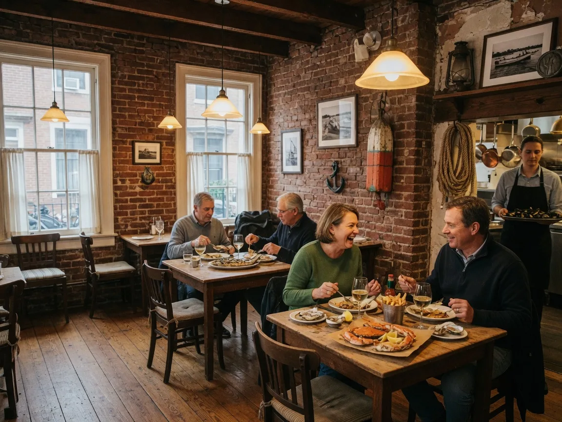 Cozy interior of Georgetown Seafood restaurant with exposed brick walls, warm pendant lighting, wooden tables, and nautical decor in a converted Georgetown rowhouse