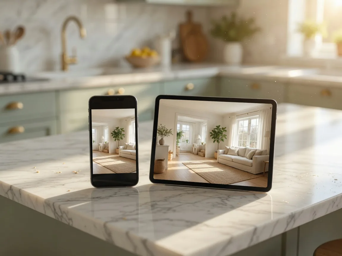A smartphone anda tablet on a kitchen island showing a bright home interior on screen