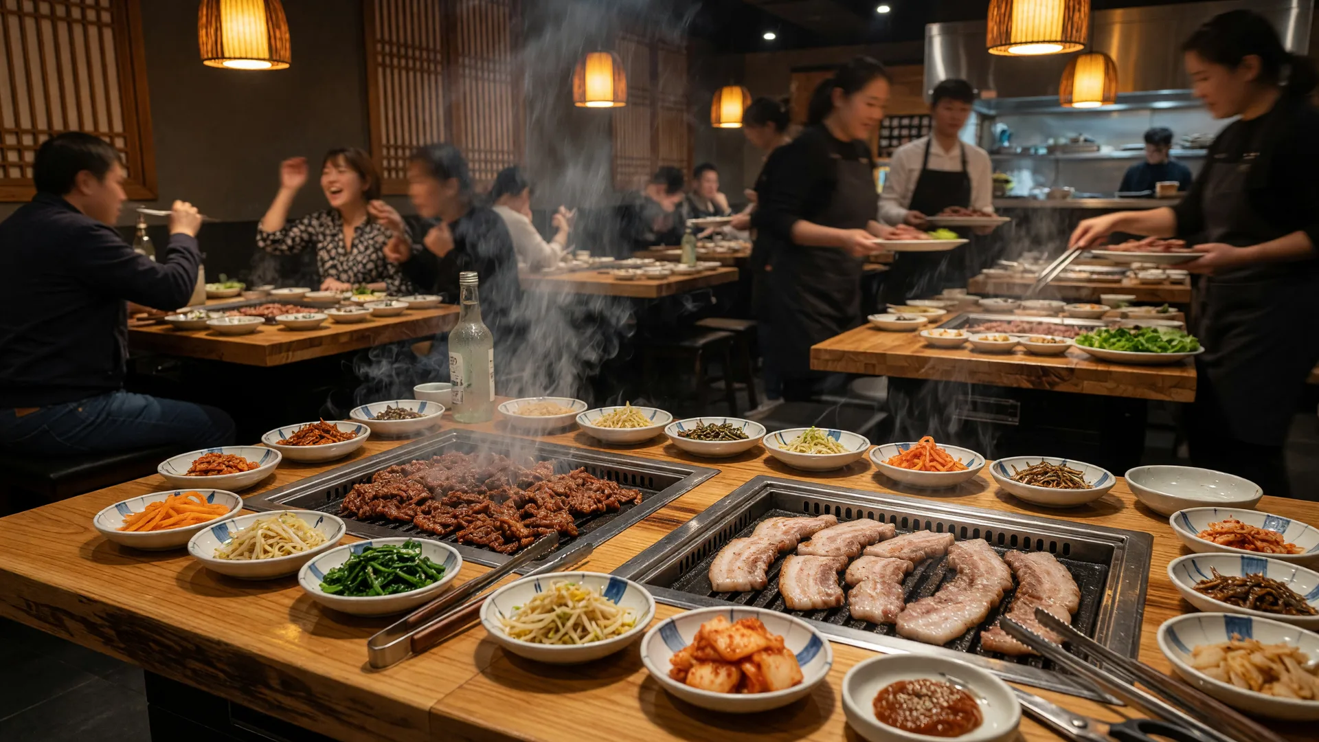 Mr BBQ in Fullerton, a premium Korean BBQ restaurant with sizzling marinated meats on smokeless table grills and traditional banchan side dishes in a warm modern interior