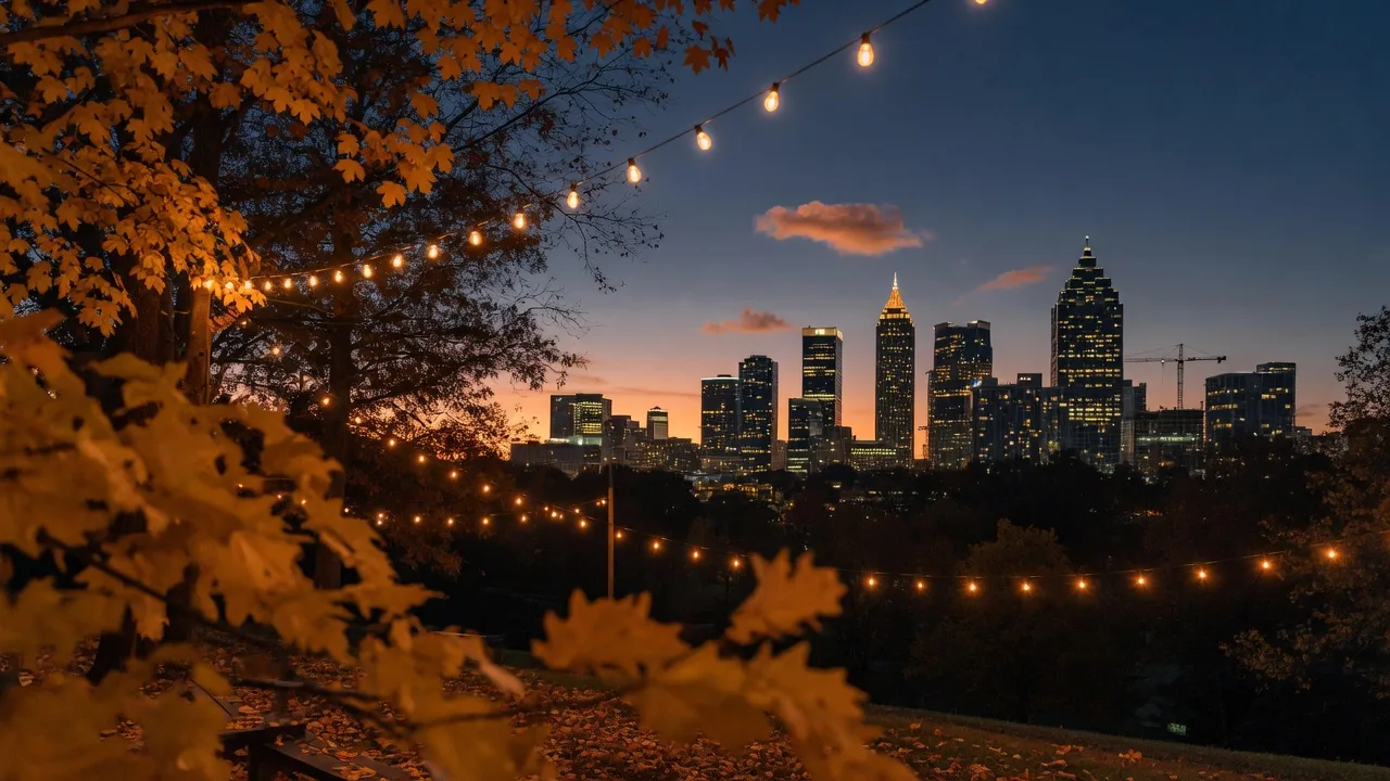 The Atlanta skyline at dusk in late October, golden autumn foliage and warm string lights glowing in the foreground