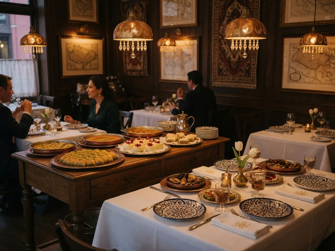 Warm interior of a fine Turkish restaurant in McLean, Virginia in the early evening, elegant tables set with white tablecloths and polished glassware, copper serving dishes and patterned ceramics, amber pendant lighting, and a display of baklava on a sideboard