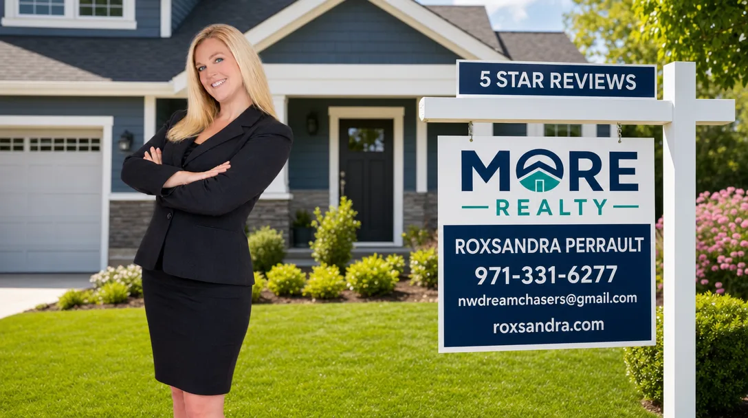 RoxSandra Perrault, REALTOR® with NW Dream Chasers at MORE Realty, standing next to the MORE Realty sign with a 5 STAR REVIEWS rider, displaying her name, phone, email, and website