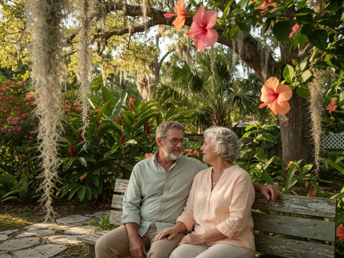 A mature couple sitting on a wooden bench among tropical Florida landscaping, engaged in thoughtful conversation in warm afternoon light