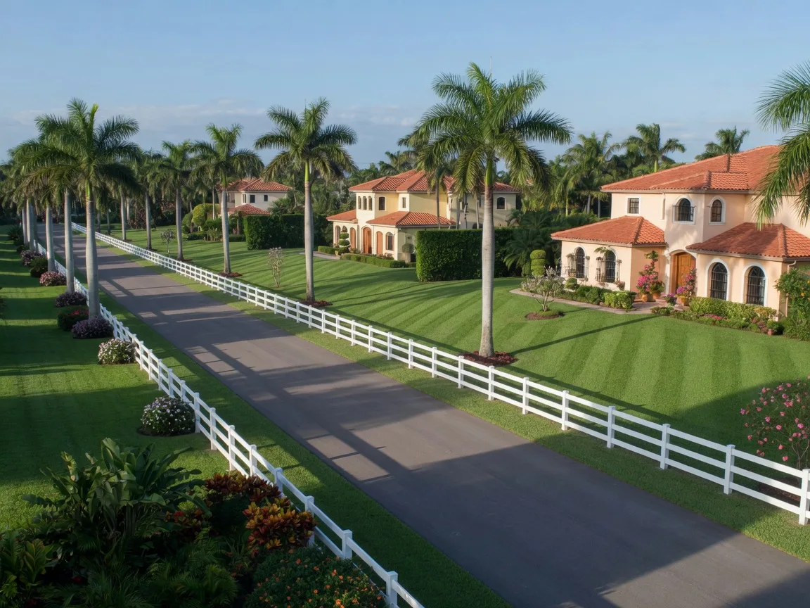 A tree-lined Wellington Florida residential street with white equestrian fencing, Mediterranean-style homes with red tile roofs, and royal palms under a clear blue sky
