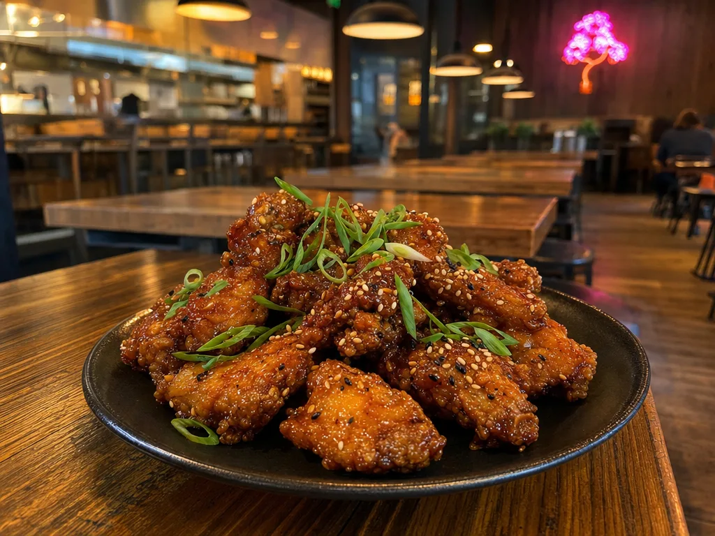 I Got My Sound Chicken Korean fried chicken wings with honey soy glaze, sesame seeds, and scallions in a warm modern Fullerton restaurant setting