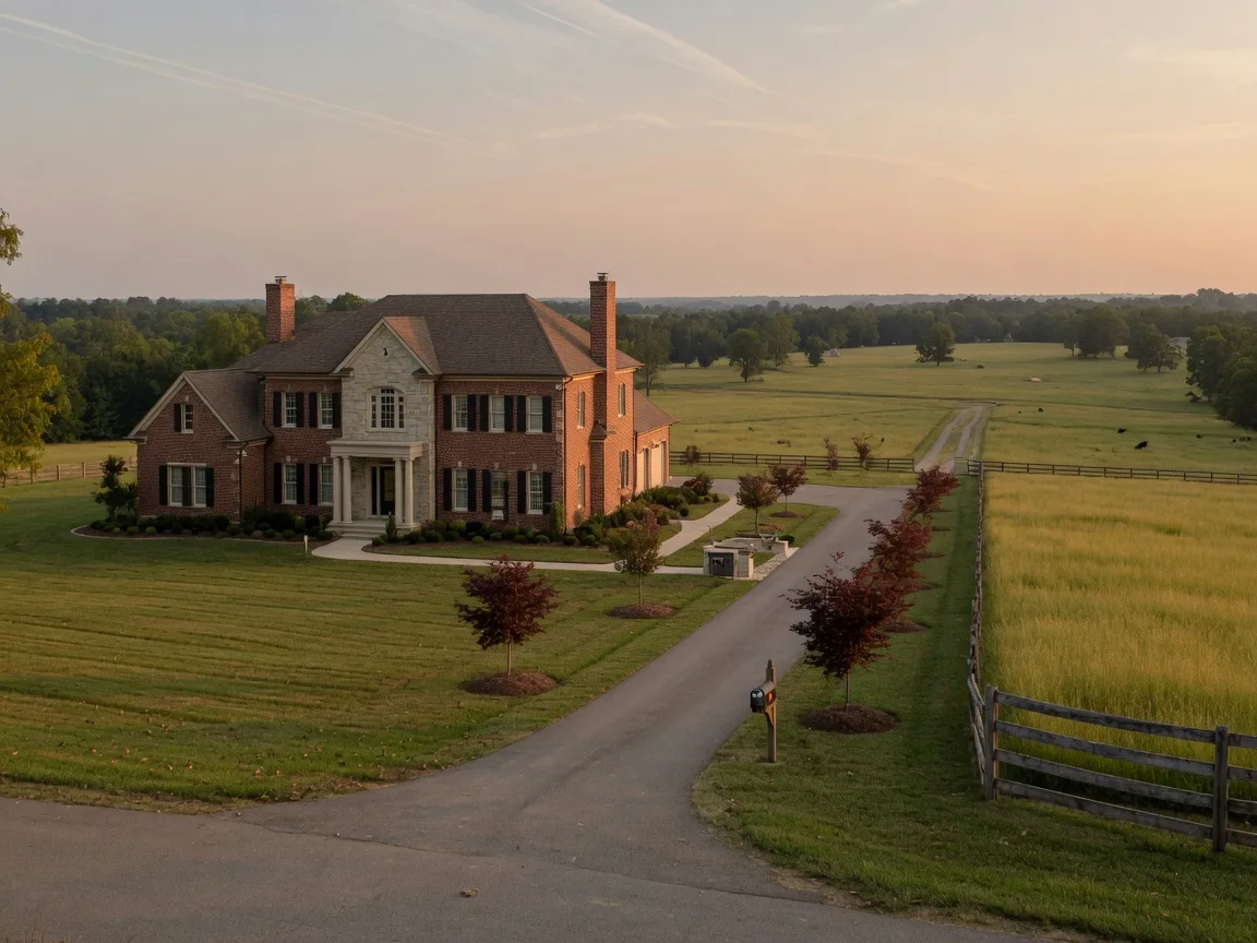 A stately brick and stone custom home on a large grassy lot in the Alvaton countryside, with farmland and a tree line beyond