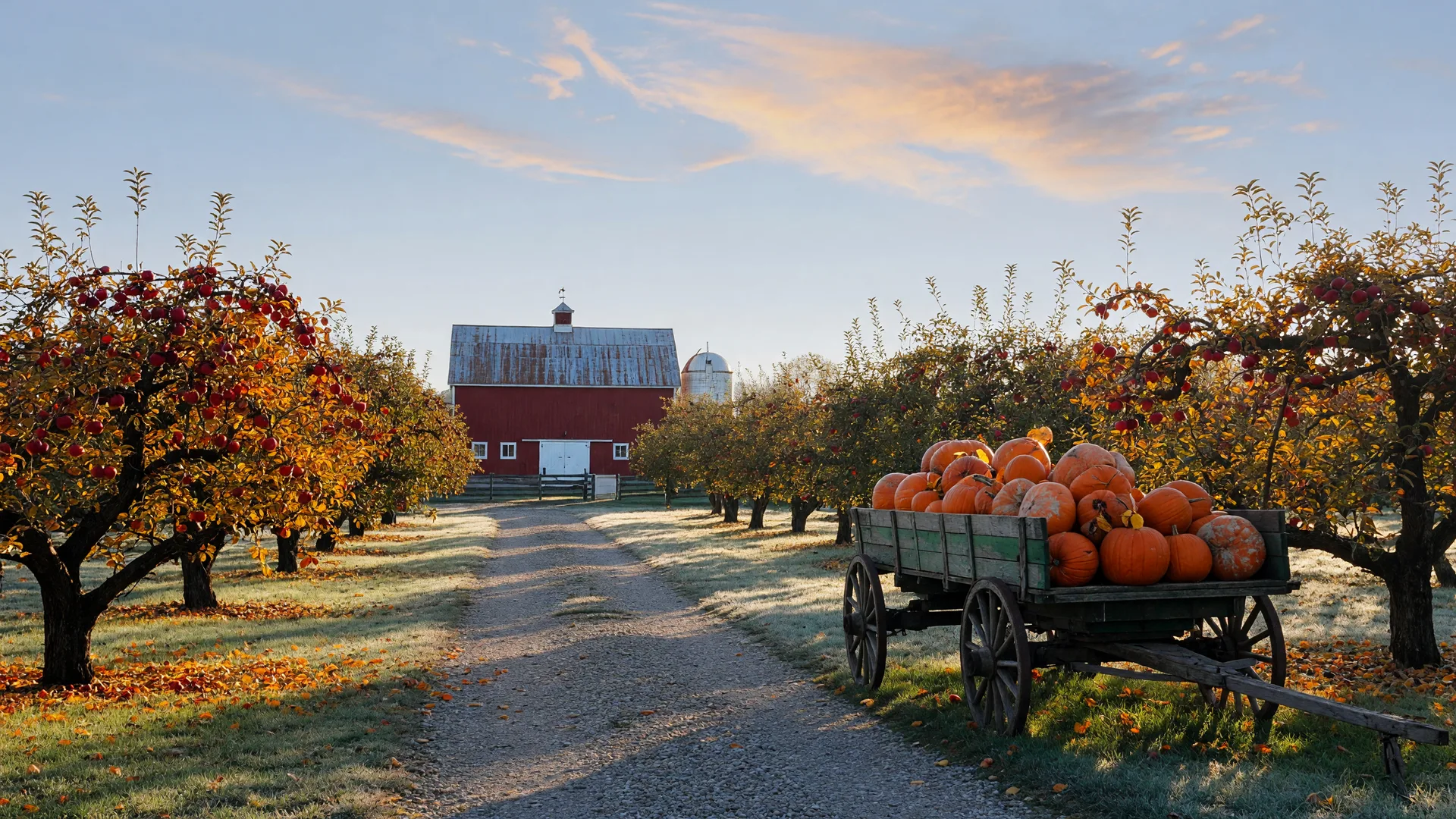 An Ohio farm in October with apple trees, a wagon of pumpkins, and a red barn under a bright morning sky