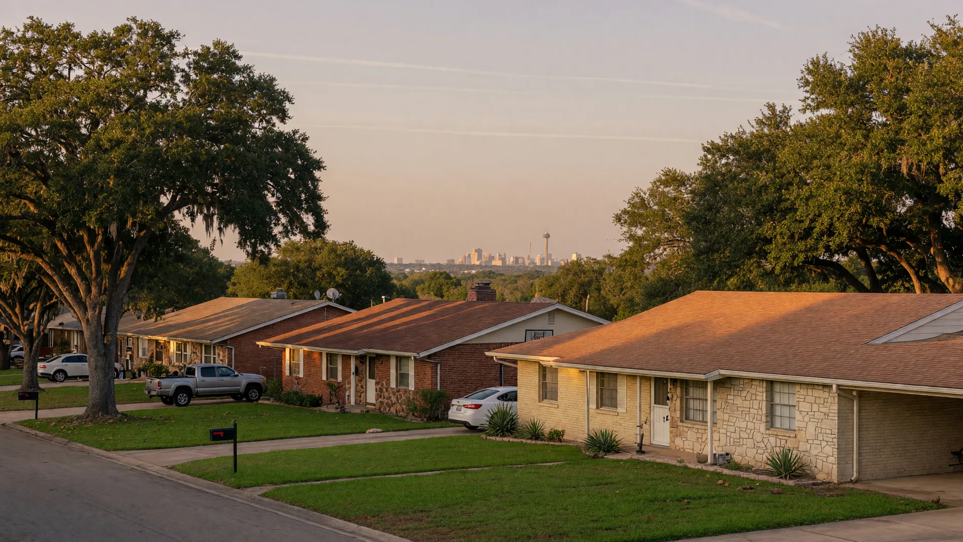 A San Antonio residential street with ranch-style stone and brick homes at golden hour
