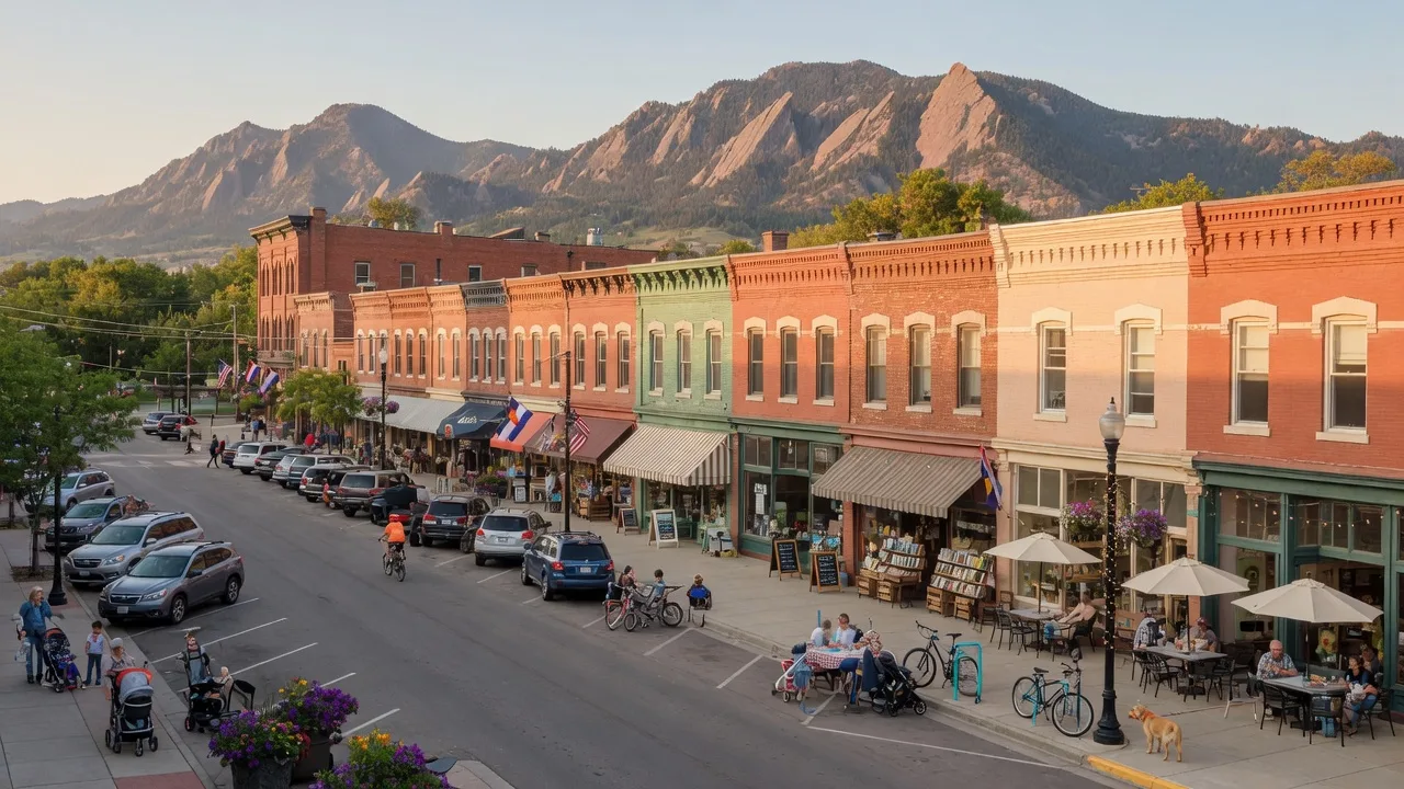 Historic Main Street in Louisville Colorado with shops and Flatirons view