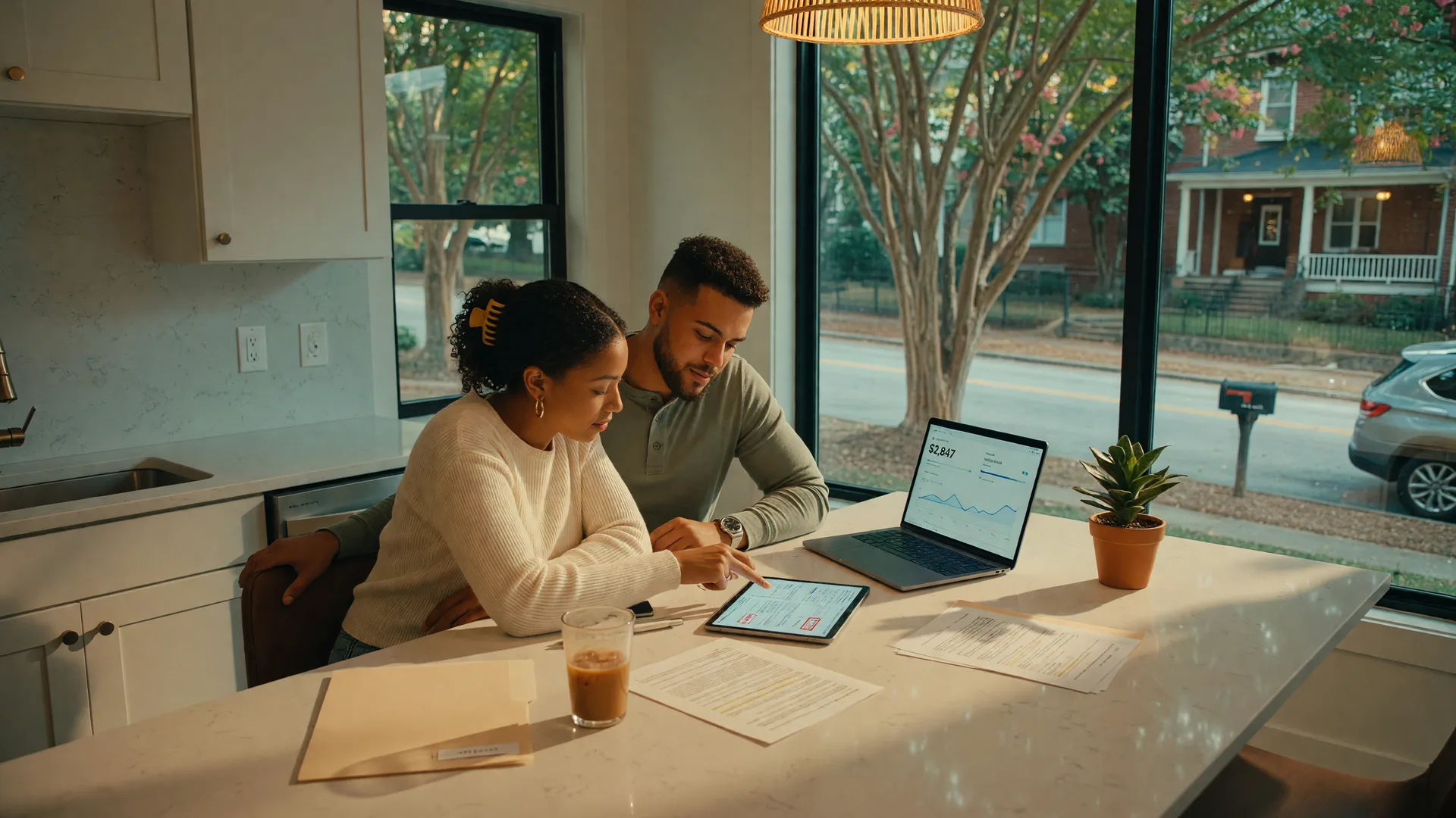 A young couple reviewing mortgage documents and financial information at a modern Atlanta kitchen island with a laptop and tablet