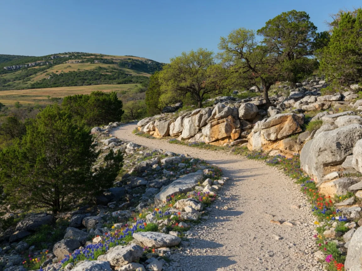 Limestone hiking trail winding through live oak and juniper woodland with wildflowers at Pedernales Falls State Park