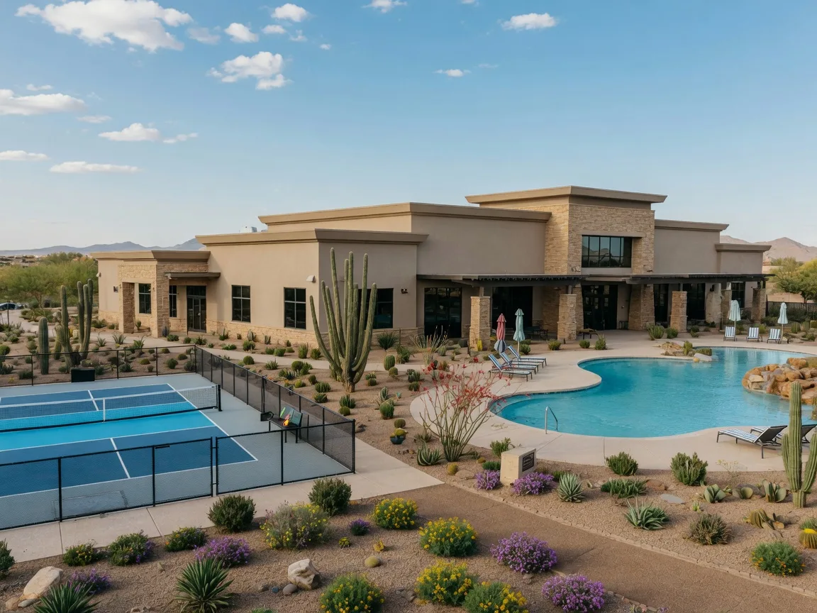 An active-adult community clubhouse with pickleball courts and a resort-style pool in Mesa, Arizona