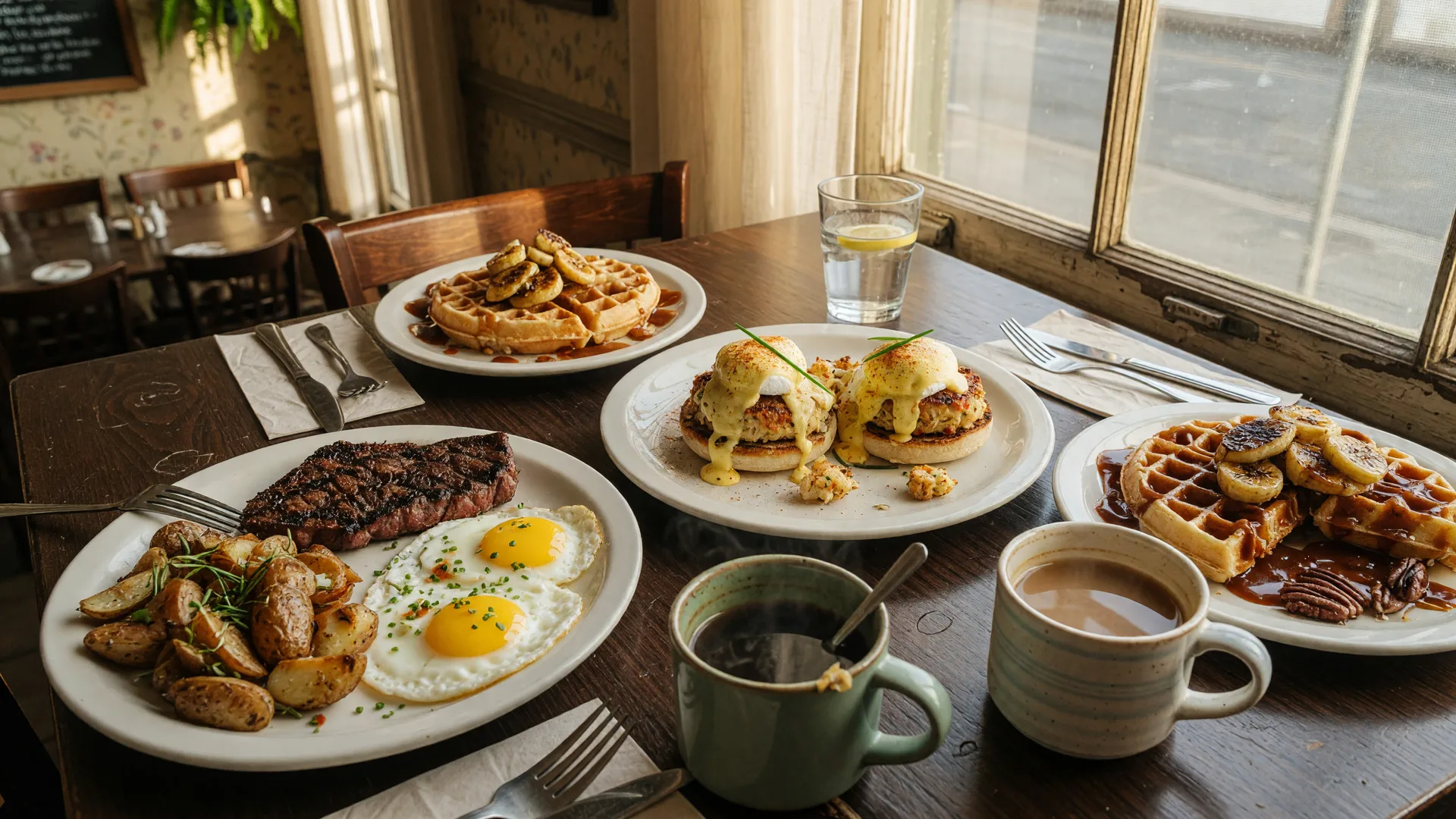 Weekend brunch spread at a casual American bistro in Allentown with steak and eggs, crab cake benedict, bourbon caramel waffles, and coffee