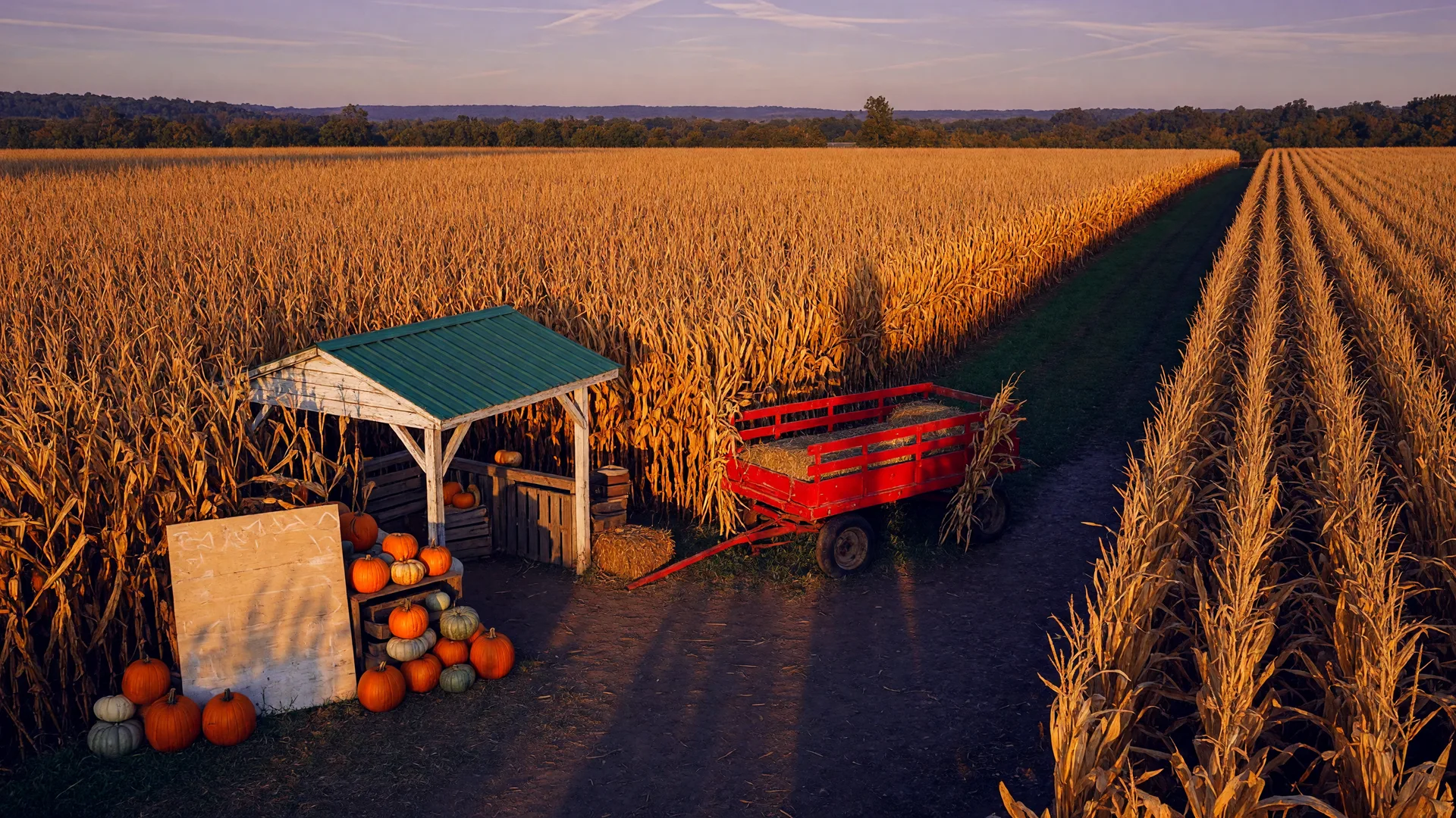 Tall golden corn maze at a family farm with pumpkins stacked by the entrance and a hay wagon on a dirt path