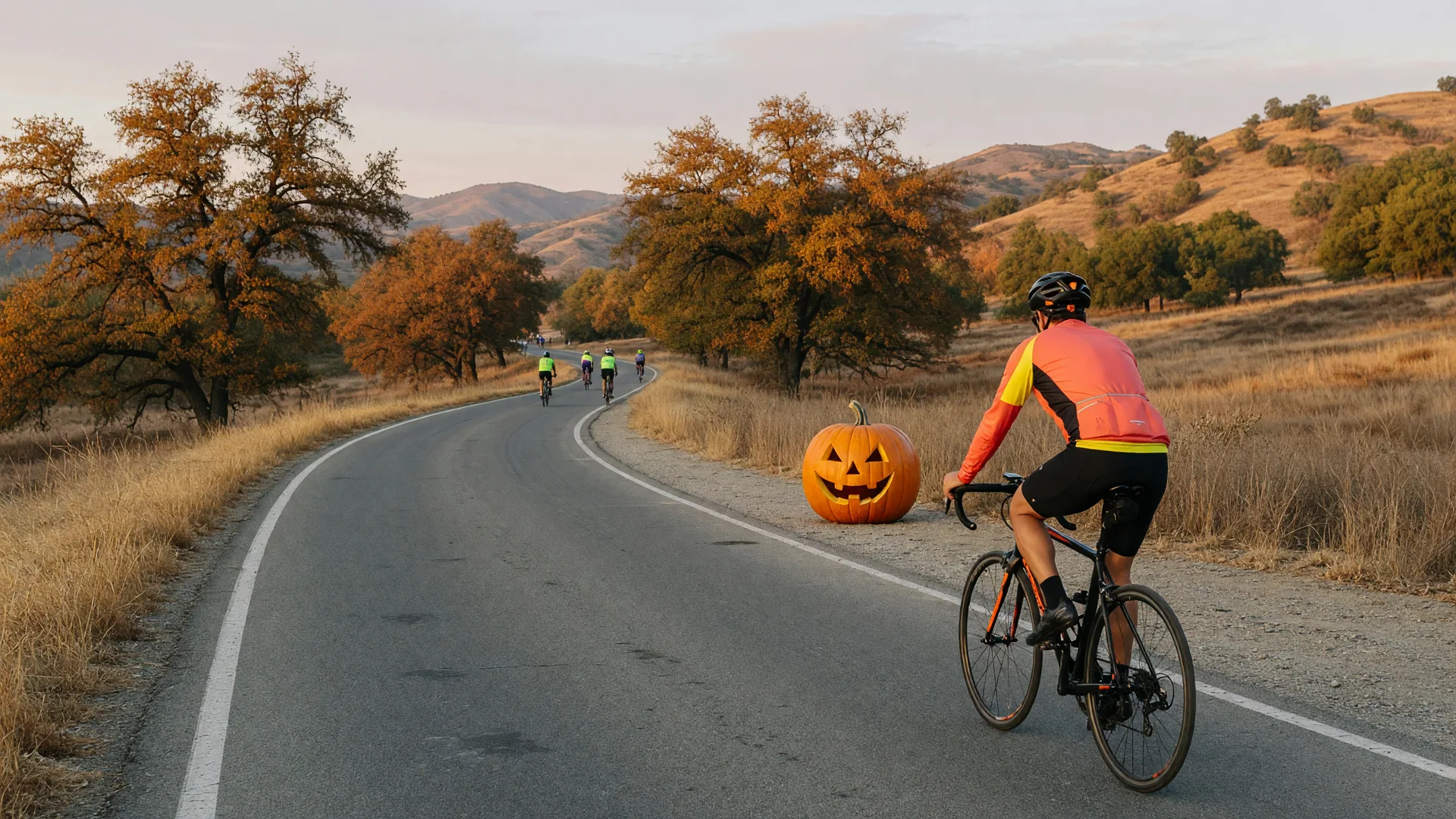 A fall charity bike ride along an oak-lined Santa Clarita Valley road with a cyclist in the lead and autumn color on the hills