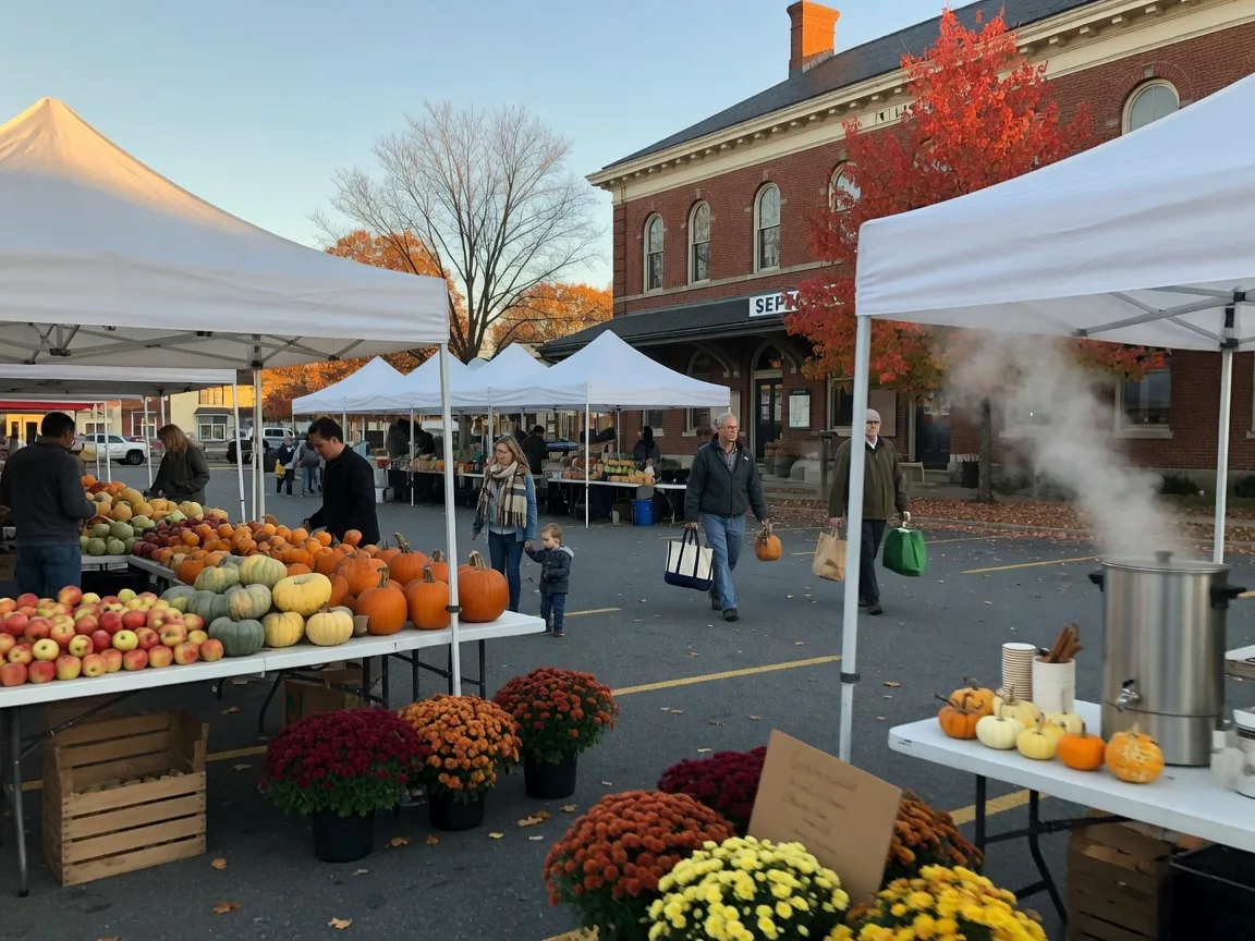 The Glenside Farmers Market on a crisp fall Saturday morning with white vendor canopies, crates of apples, squash and pumpkins, steam rising from a hot cider stand, and the red-brick train station behind the stalls