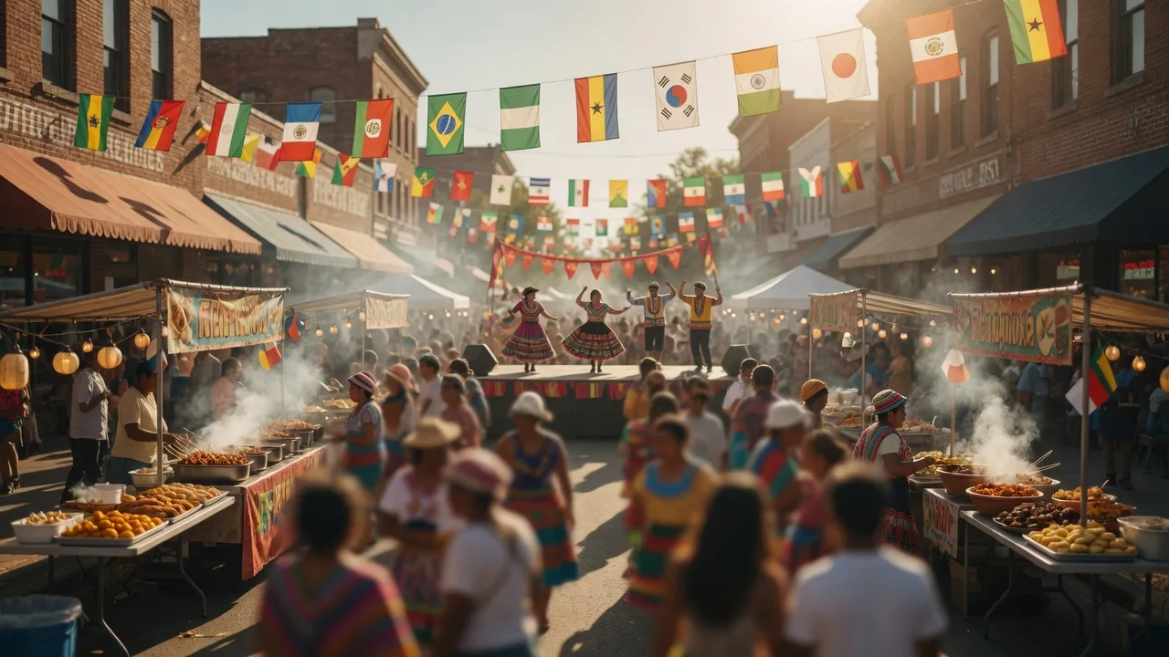 An international cultural festival on a downtown Southern main street with many nations' flags overhead, steaming global food stalls, and performers on a distant stage