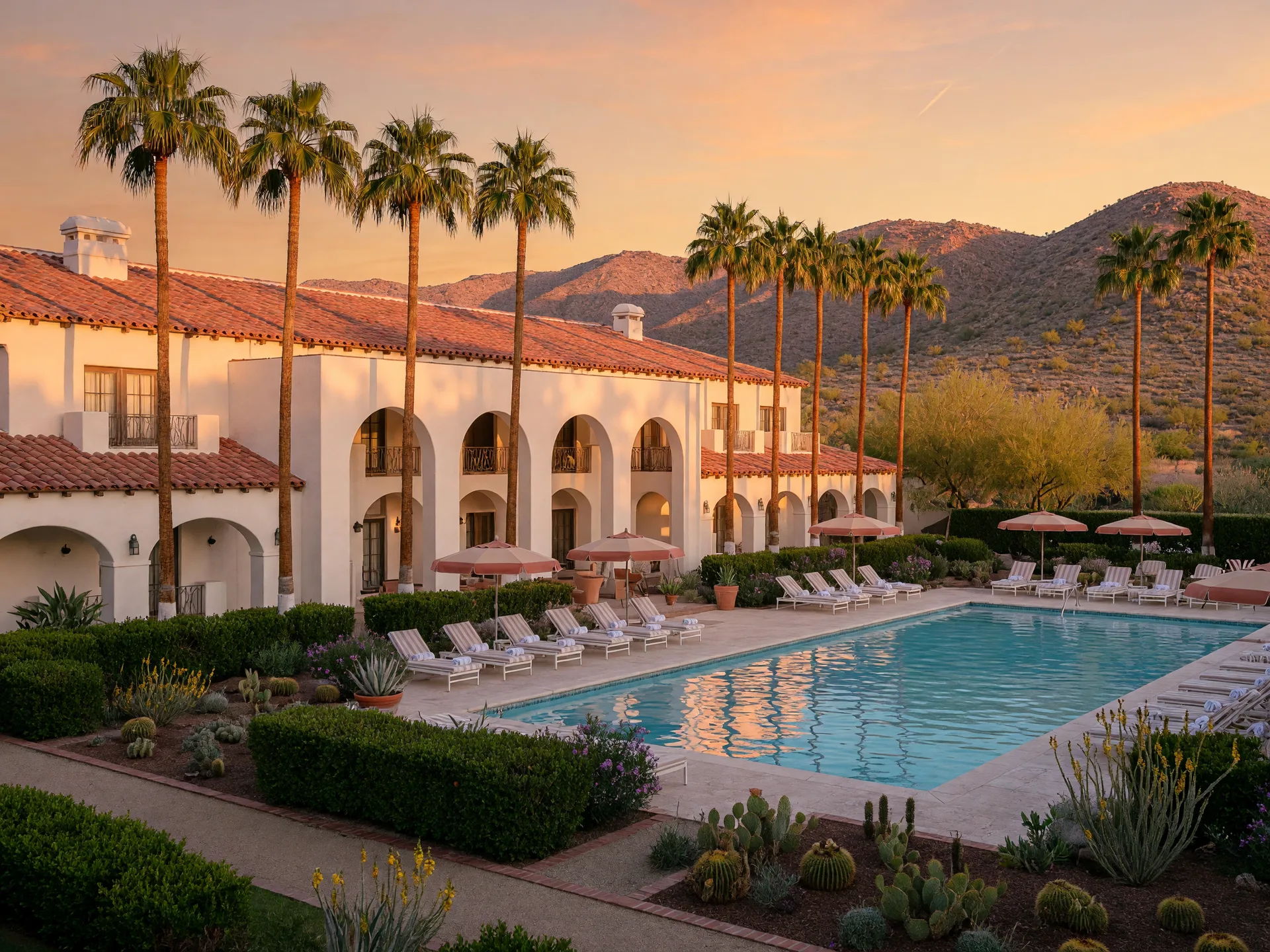 Palm-lined pool and clubhouse at an active-adult resort community in Surprise