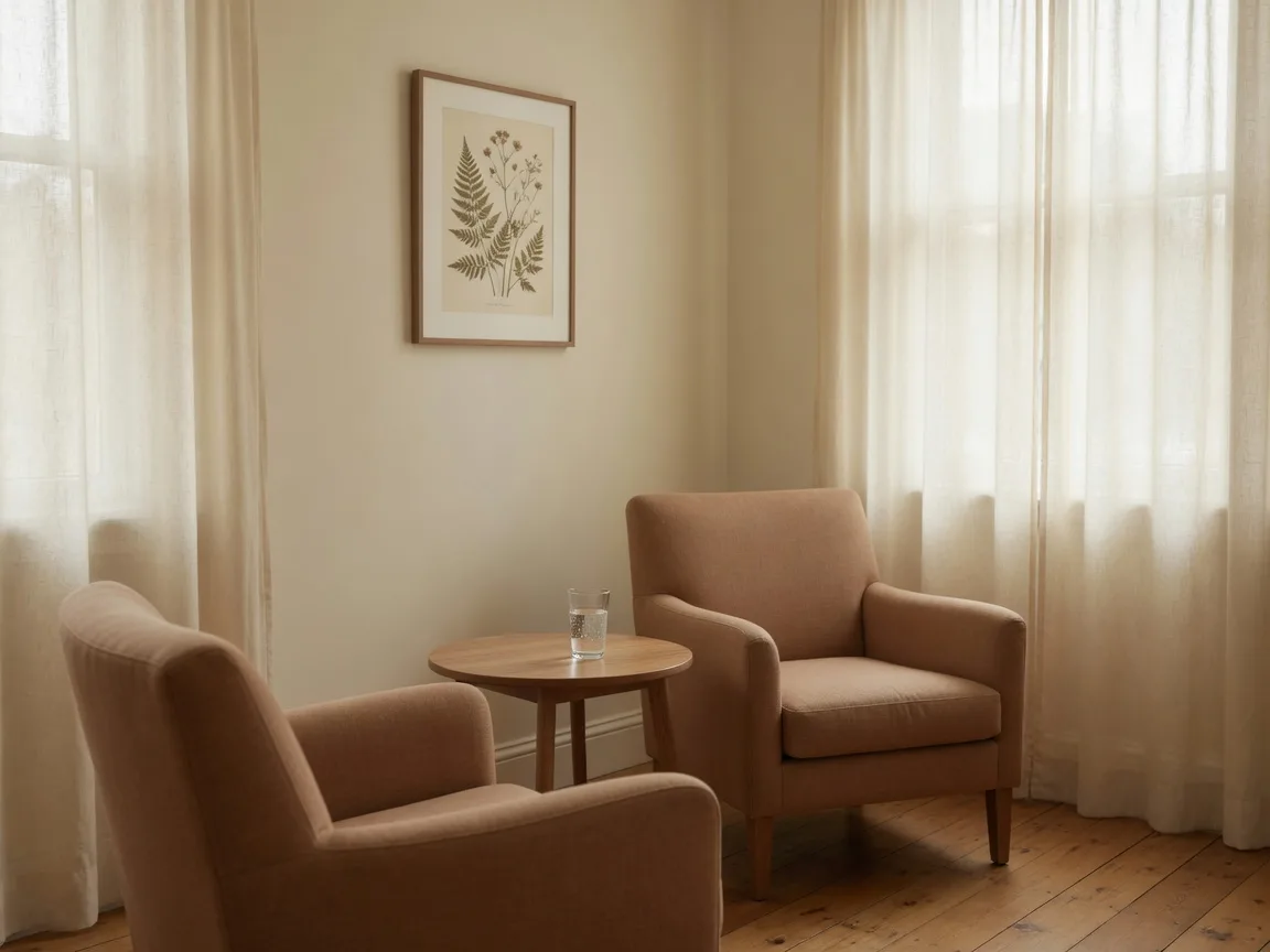 A calm, minimal consultation room with two chairs in soft daylight