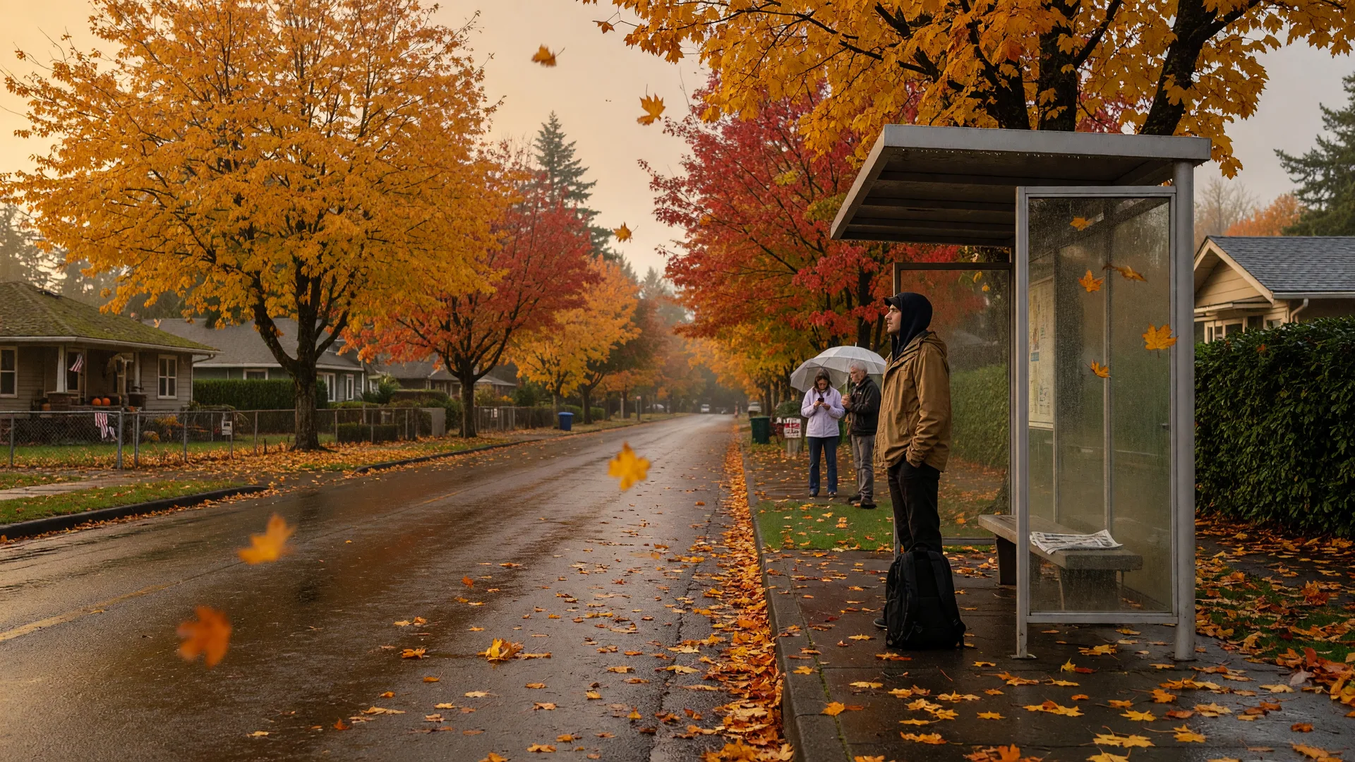An autumn morning in a Beaverton suburb: golden maples and rain-slick pavement beside a tree-lined street, a bus stop with a few commuters in the distance