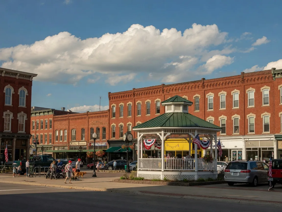 Historic Medina brick storefronts and white gazebo on the public square on a late-summer day