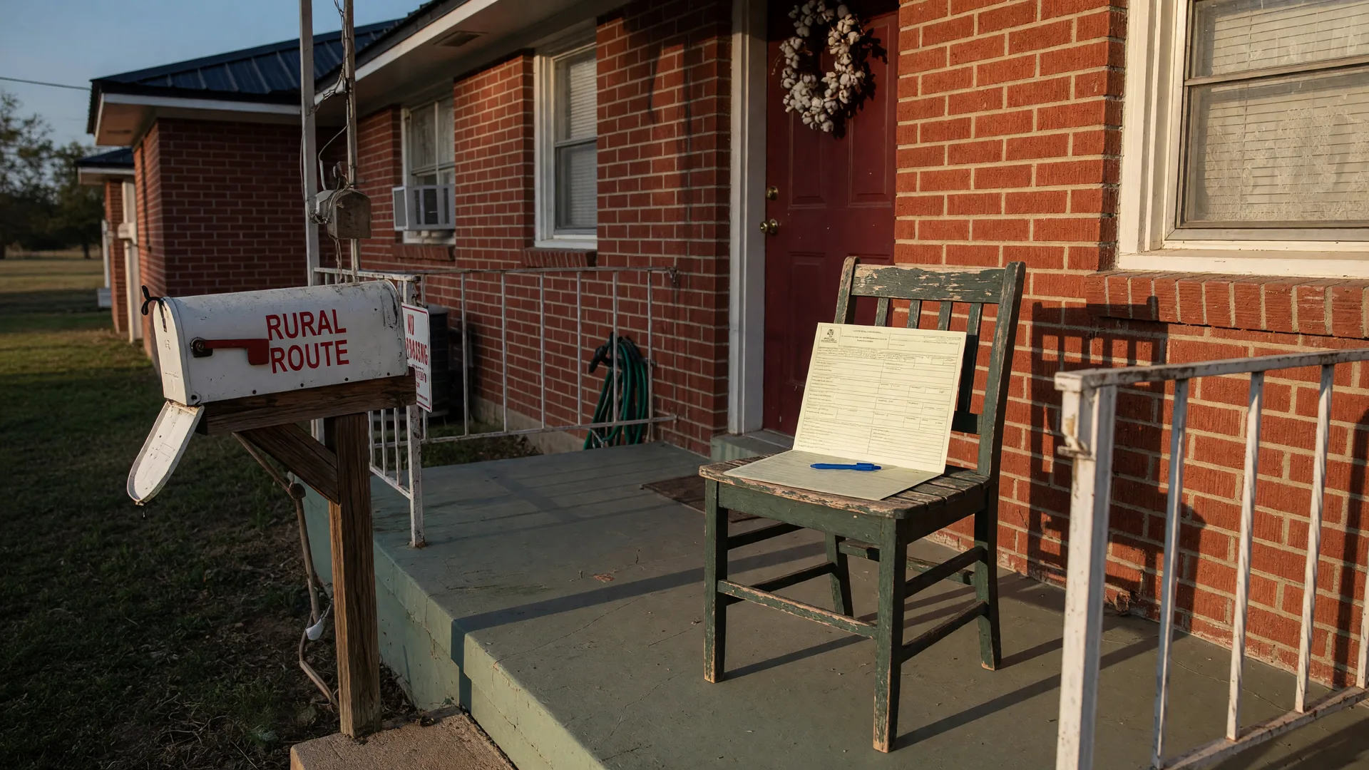 Texas front porch with a rural mailbox and a county appraisal document on a chair in late-afternoon light