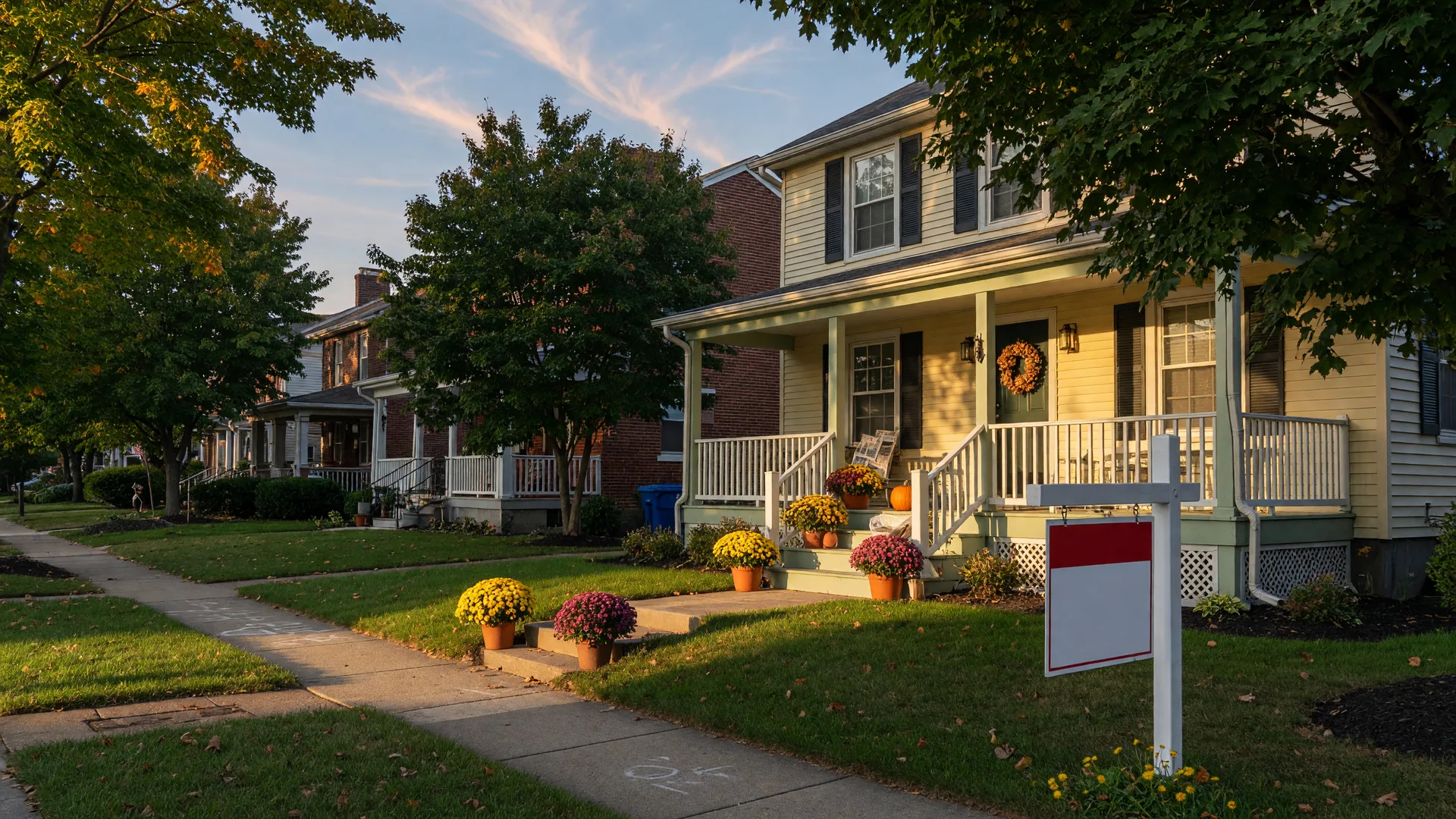 Welcoming suburban home in Cincinnati with autumn mums, a freshly painted porch, and a For Sale sign on a golden September morning