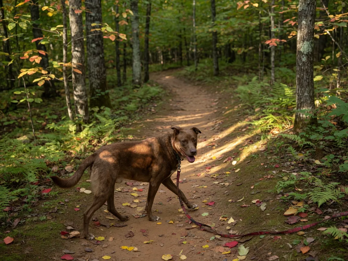 A brown dog walking on a narrow dirt trail winding through a Virginia Piedmont hardwood forest with dappled autumn sunlight
