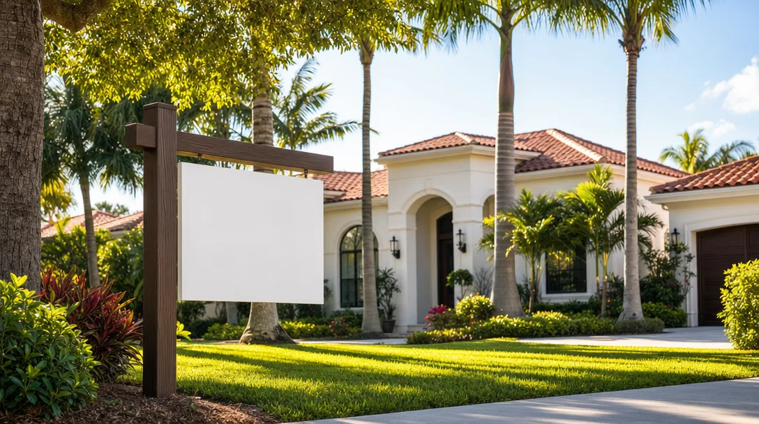 For Sale sign in front of a Mediterranean-style coastal home in a South Florida neighborhood