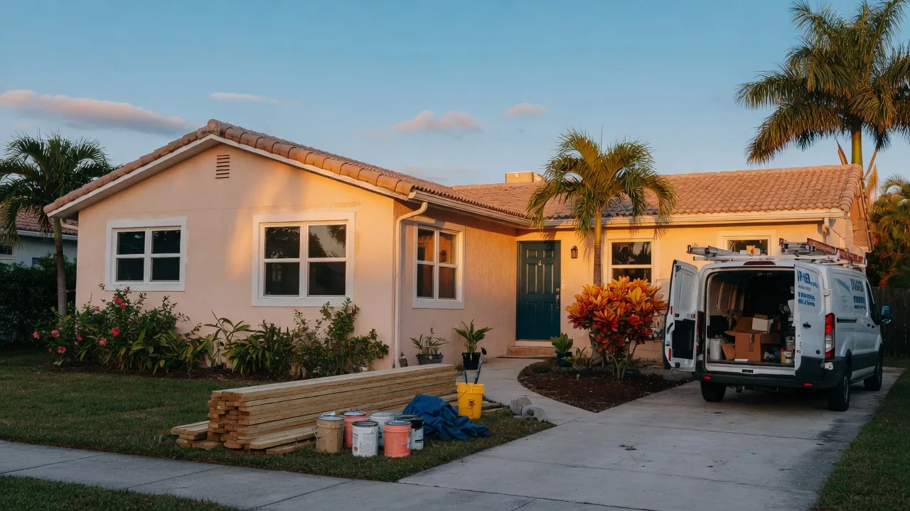 South Florida stucco home mid-renovation with new impact windows