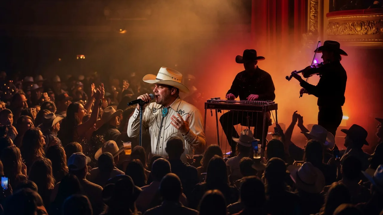 A country tribute concert with a singer in a cowboy hat at the microphone under warm red-orange stage lights with steel guitar players behind