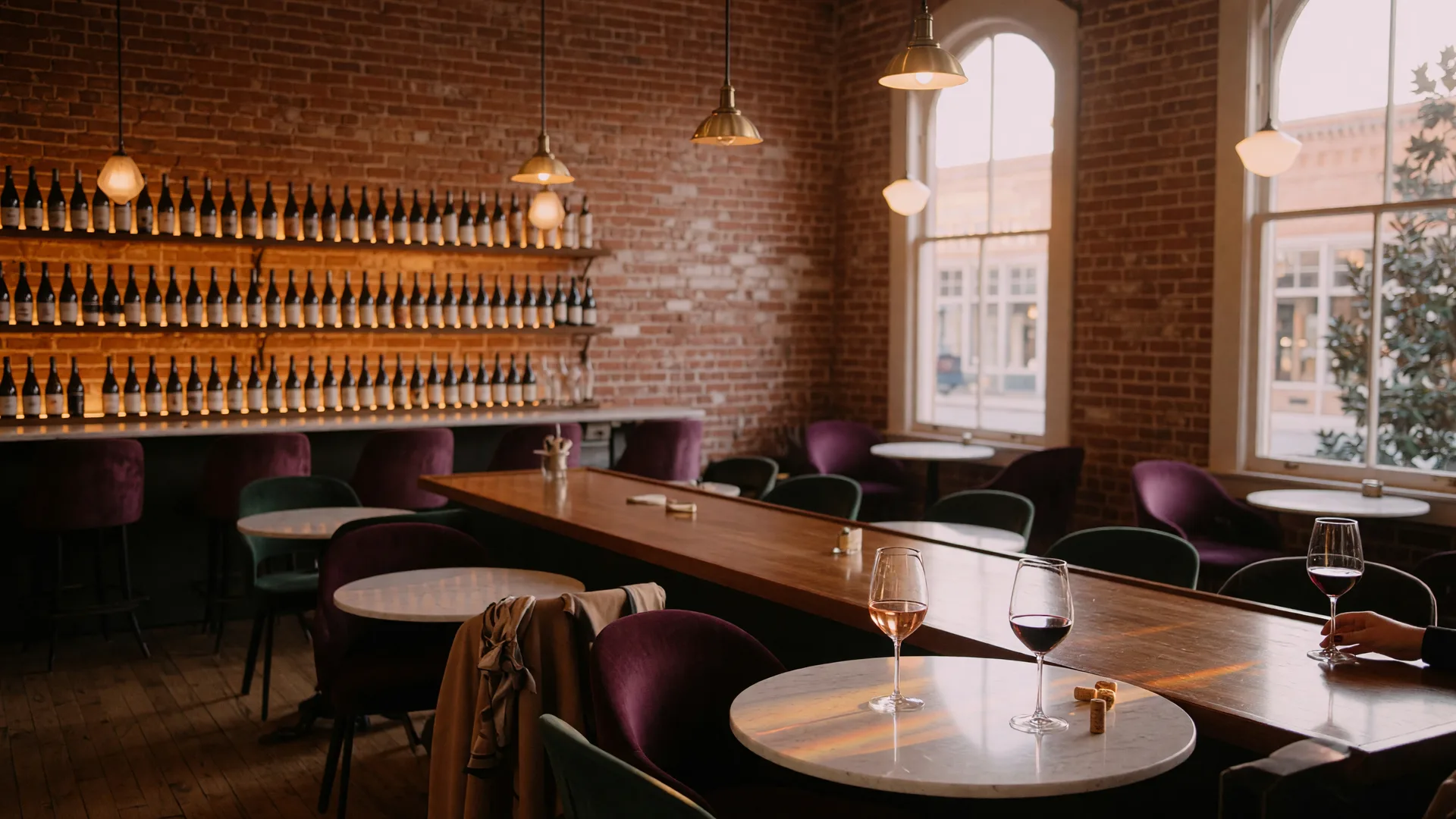 Warm wine bar lounge at Cork It Braselton with exposed brick, pendant lighting, and shelves of wine bottles in historic downtown Braselton
