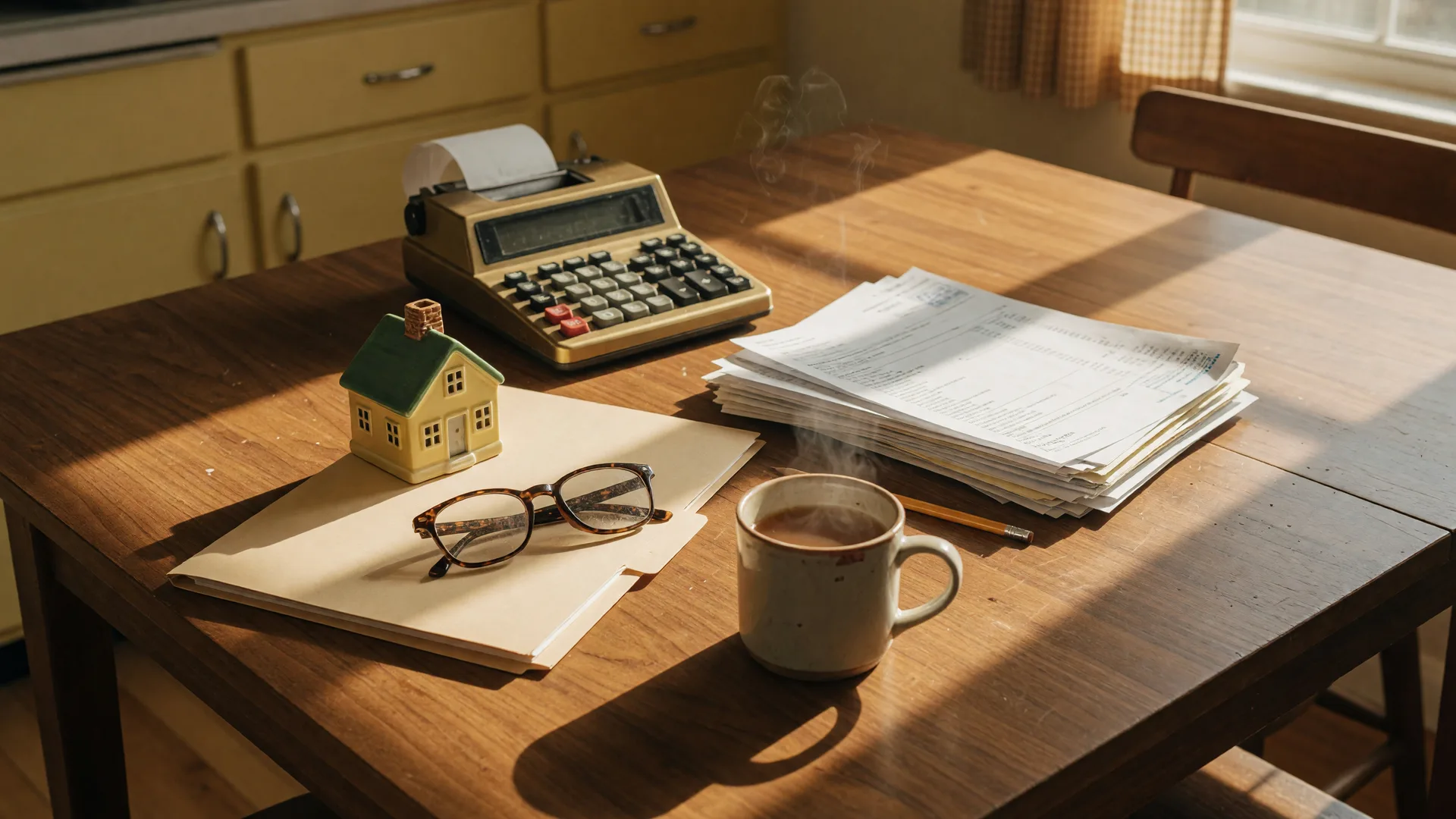 A sunlit kitchen table with financial documents, a brass calculator, reading glasses, a ceramic model house, and a steaming mug of tea, the setting where families talk through borrowing, renting, and debt questions