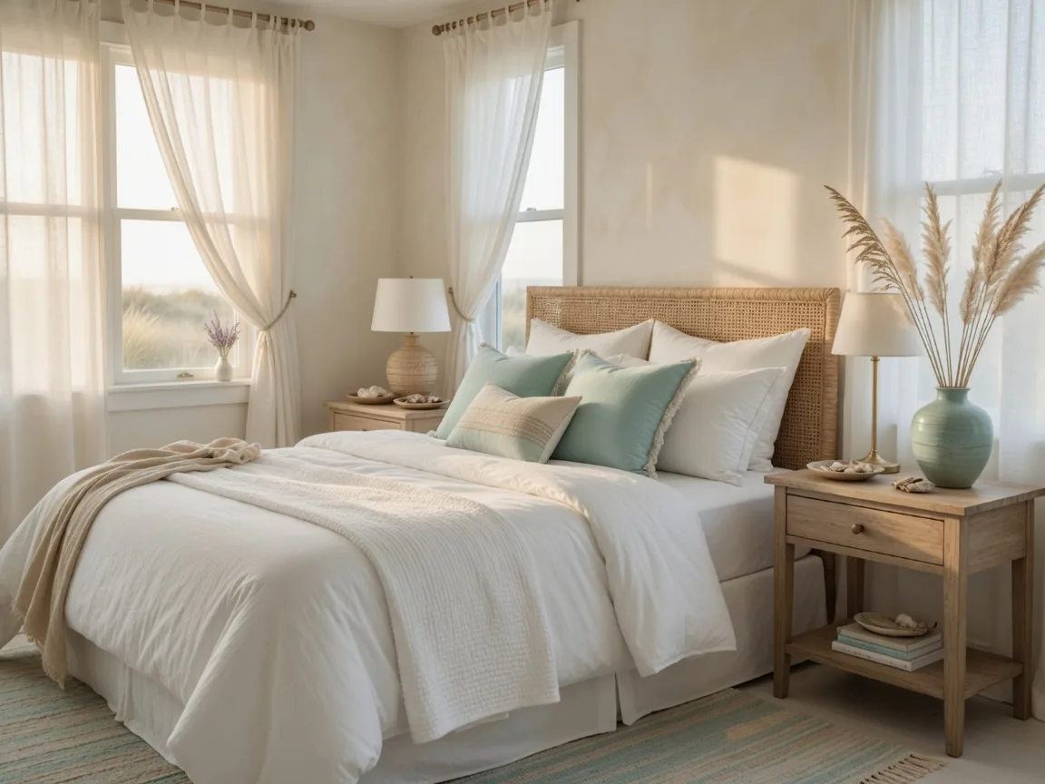 Coastal-style staged bedroom with white bedding and teal accents