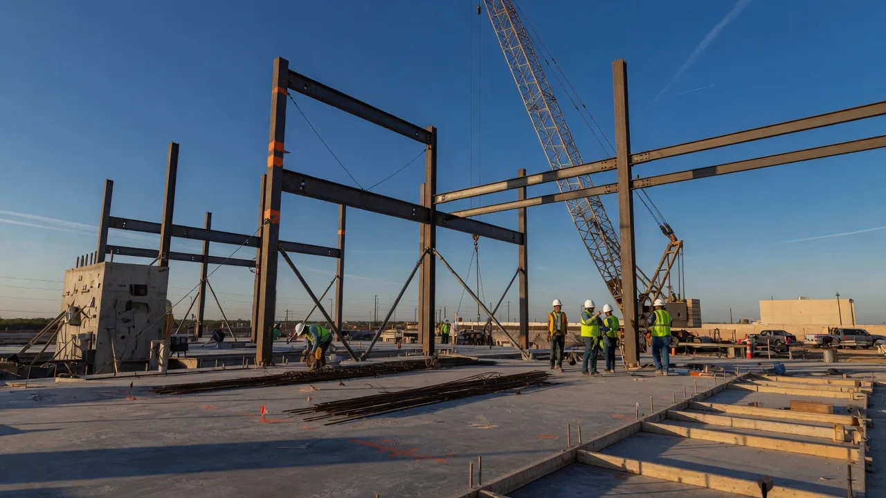 Structural steel columns and beams rising from a concrete slab on a construction site with a mobile crane against a blue sky