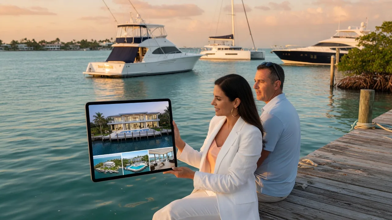 Luxury real estate agent showing waterfront property details on a tablet to a buyer on a Florida Keys dock with turquoise water and boats in the background