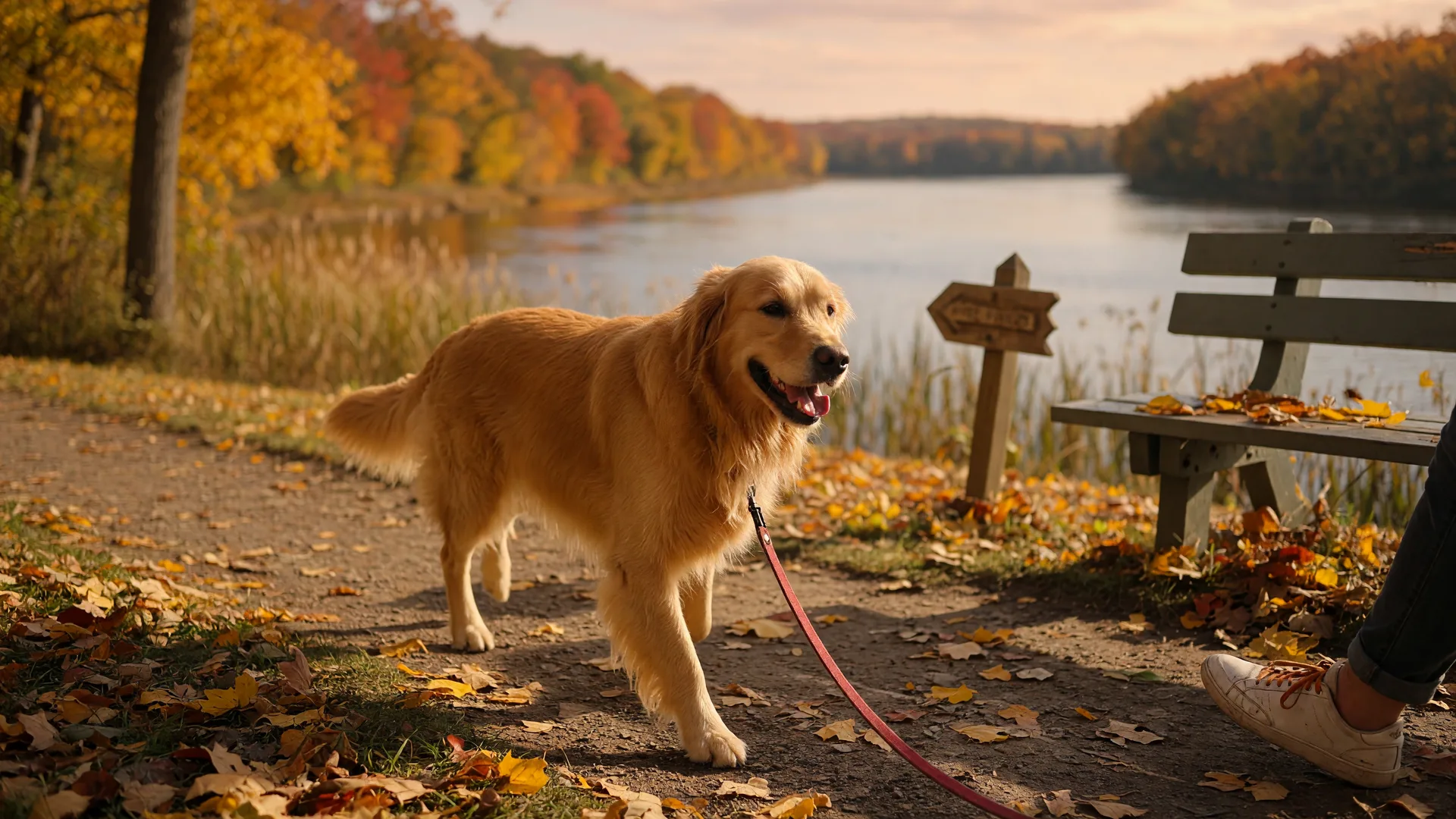 A golden retriever trotting happily on a leash along a sunny riverside trail near Delran