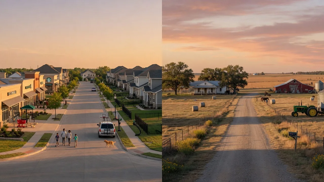 Split scene showing Owasso's modern suburban corridor and Collinsville's quiet rural landscape at golden hour