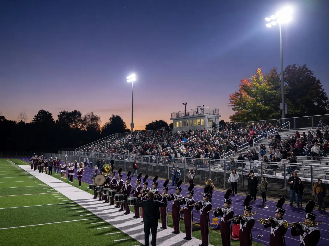 A small-town Pennsylvania high school football stadium under floodlights on a crisp Friday night, the home grandstand filling with fans