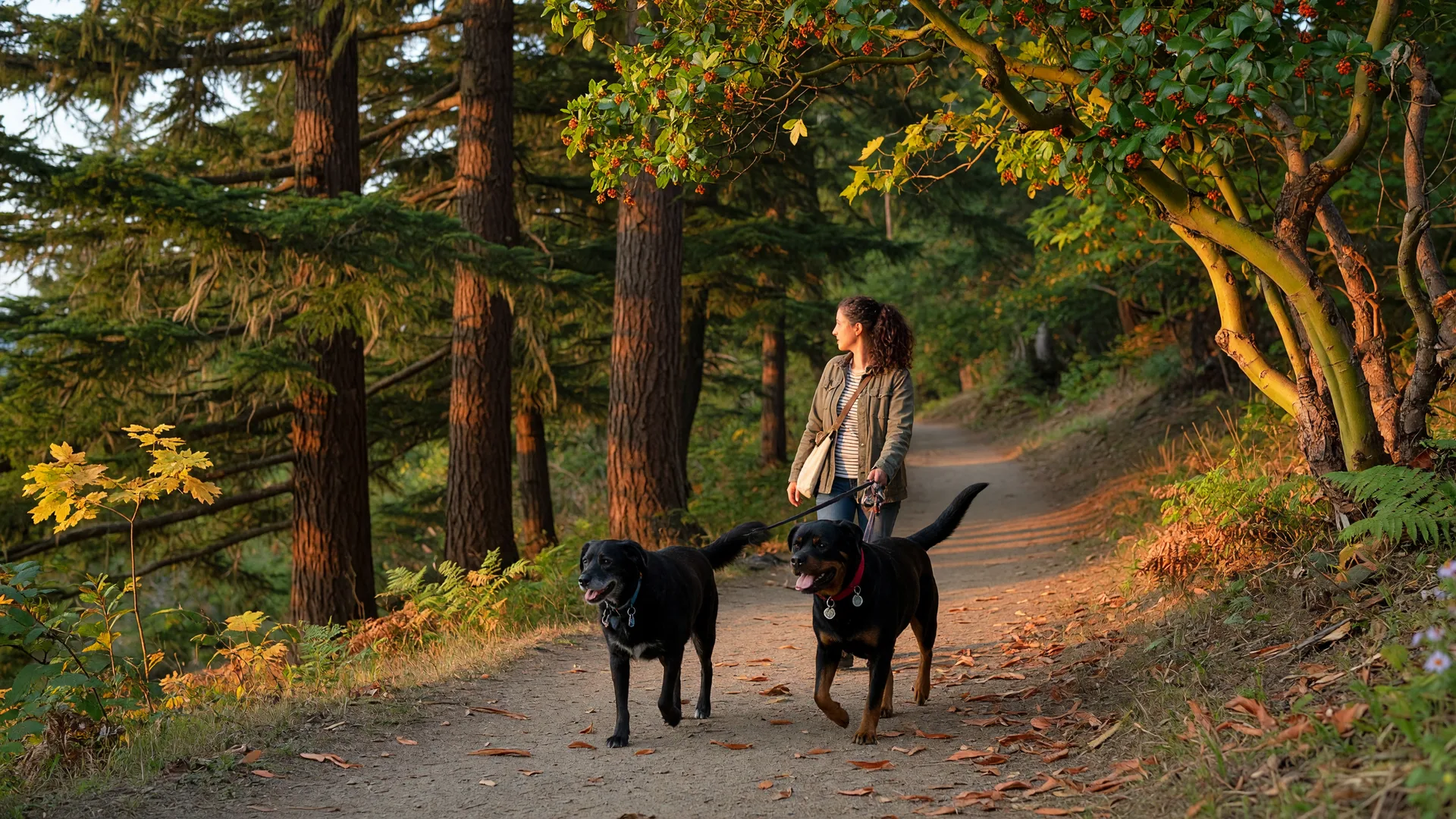 A dog owner walking a Rottweiler and a black Lab mix on a sun-dappled late summer forest trail in Greater Victoria with golden hour light filtering through coastal trees