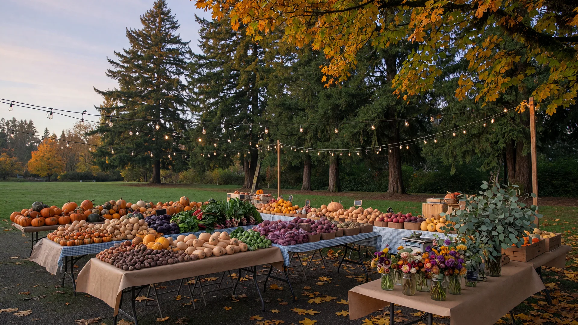 Autumn farmers market stalls with pumpkins, squash, and seasonal produce beneath tall Douglas firs in a Pacific Northwest park